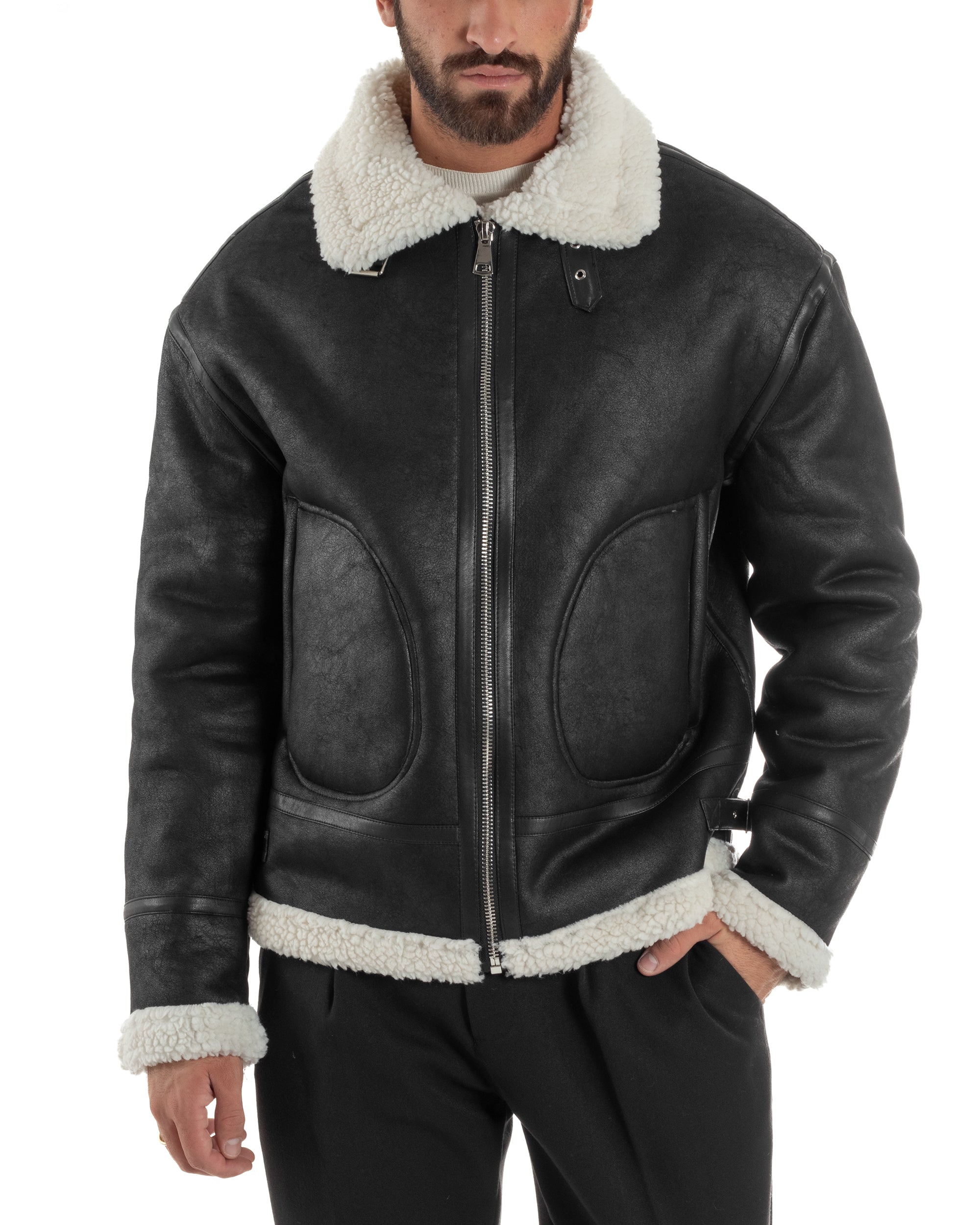 Giubbotto Uomo Montone Ecopelle Giacca College Pelliccia Nero G3358A