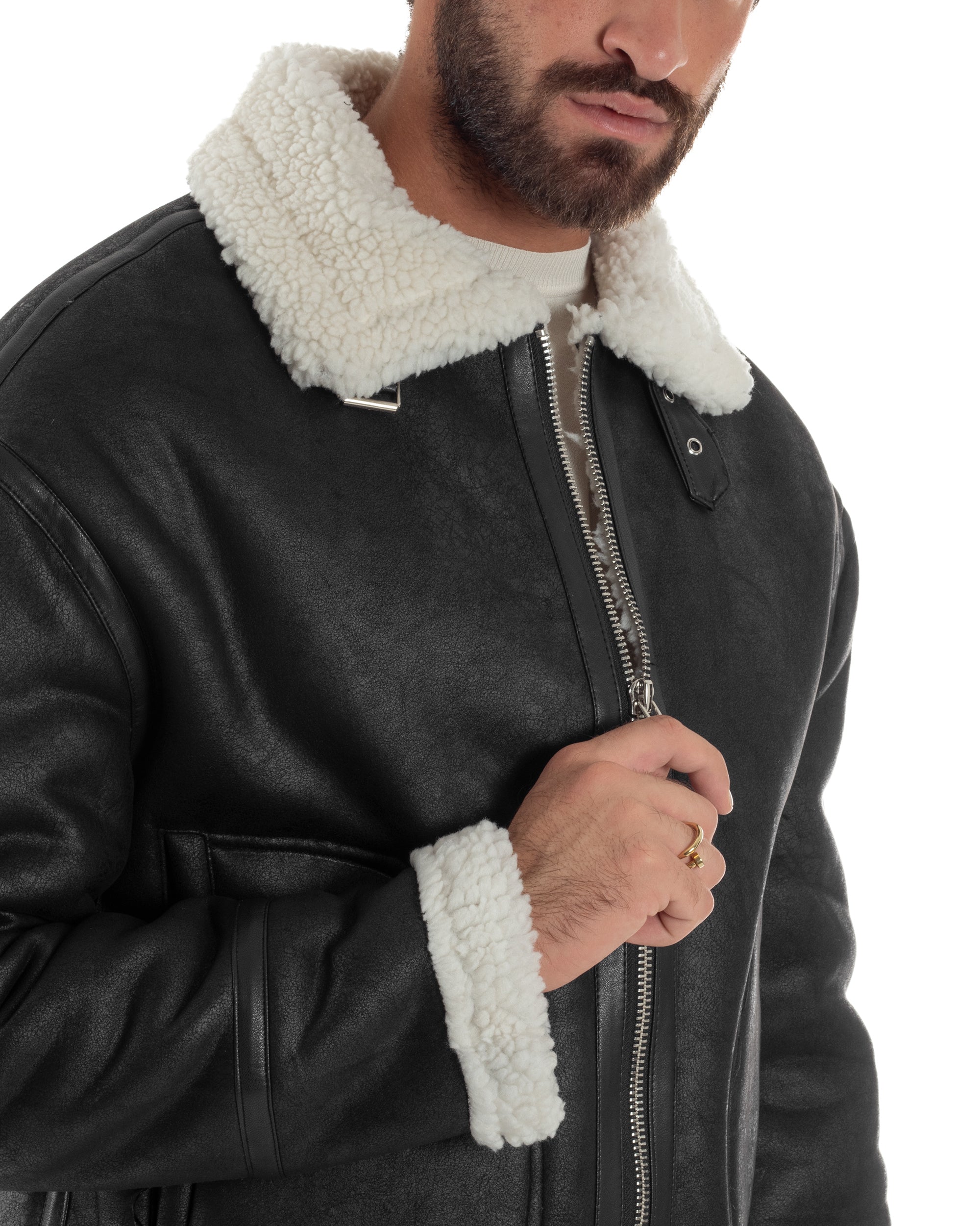 Giubbotto Uomo Montone Ecopelle Giacca College Pelliccia Nero G3358A