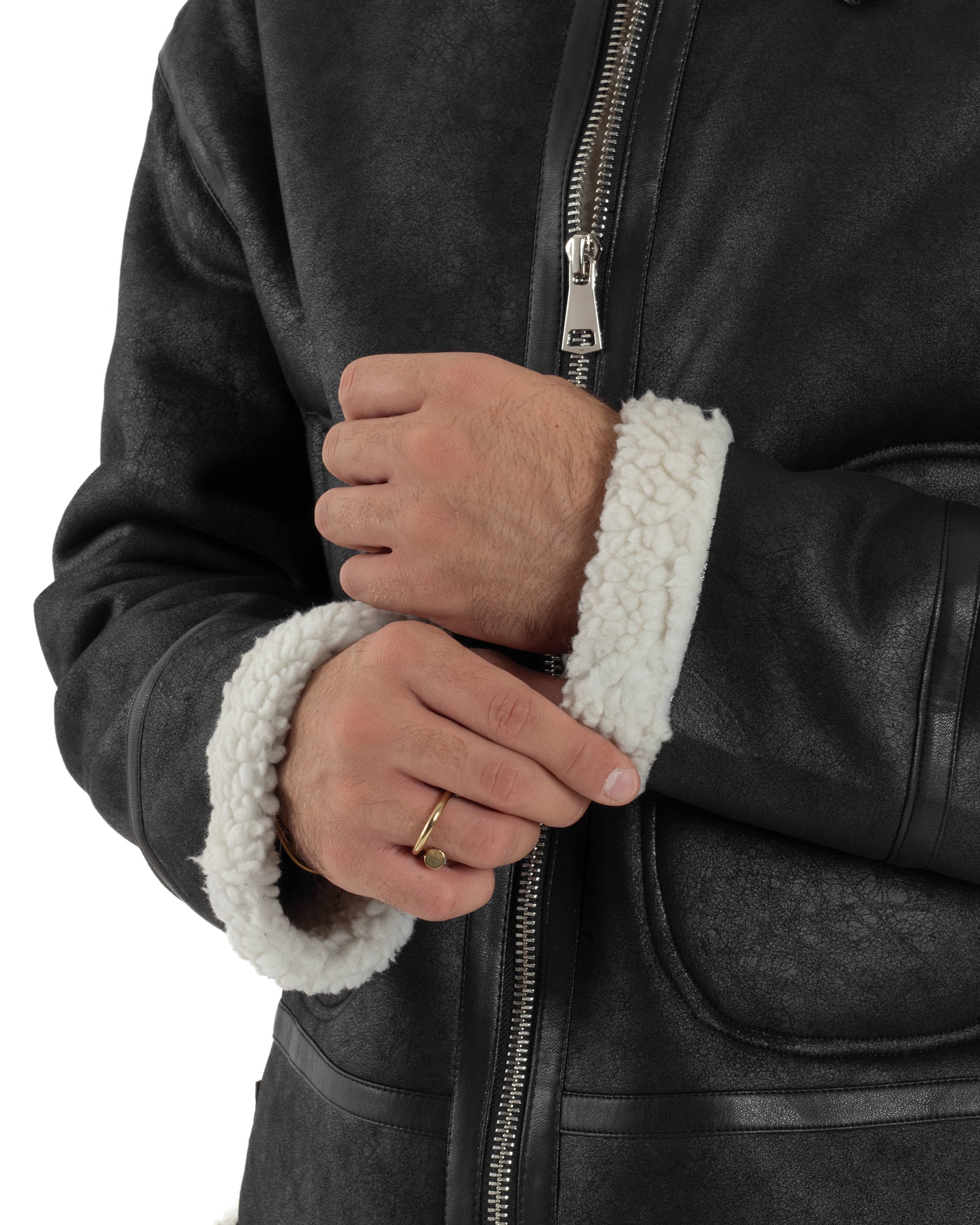 Giubbotto Uomo Montone Ecopelle Giacca College Pelliccia Nero G3358A