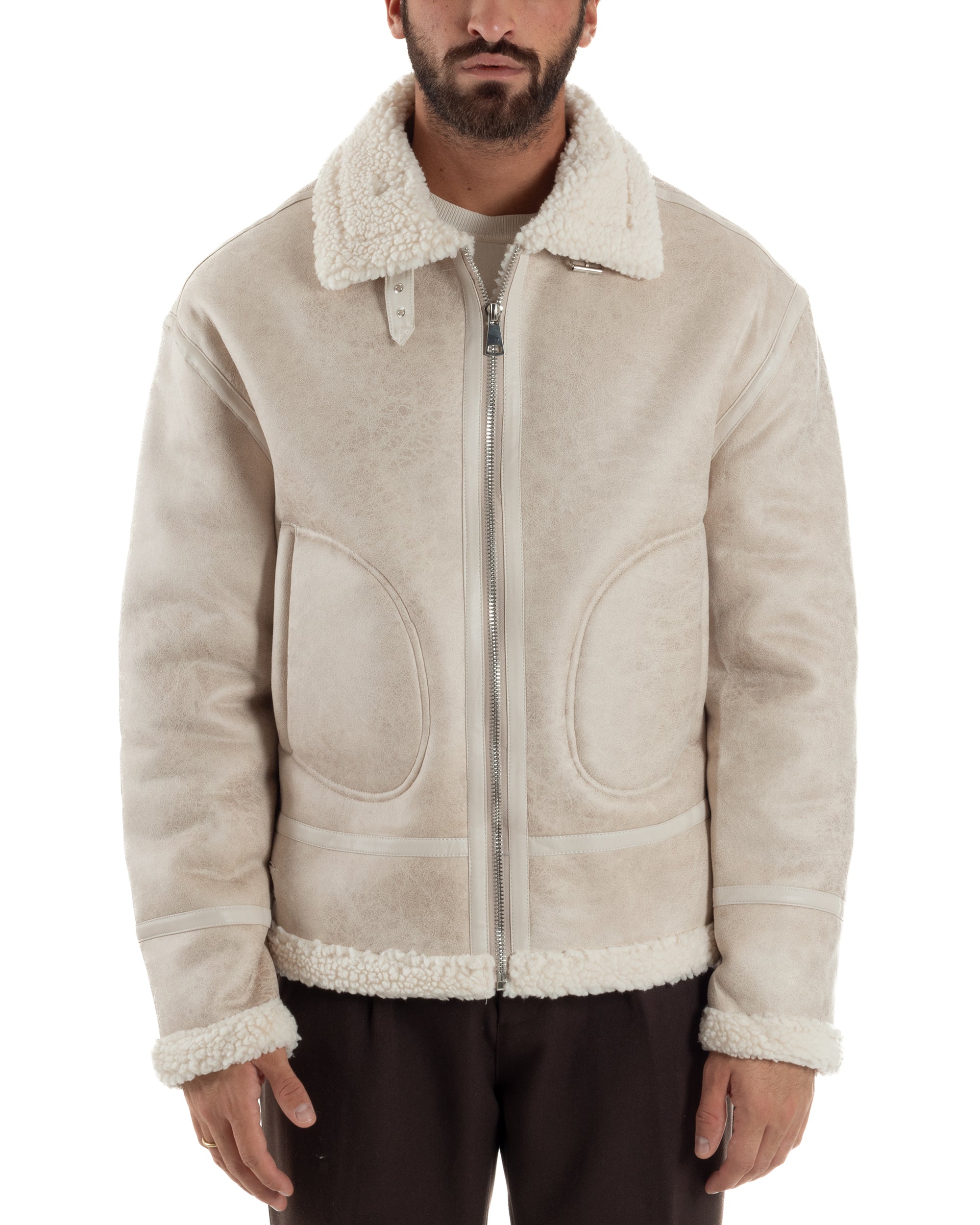 Giubbotto Uomo Montone Ecopelle Giacca College Pelliccia Beige G3359A