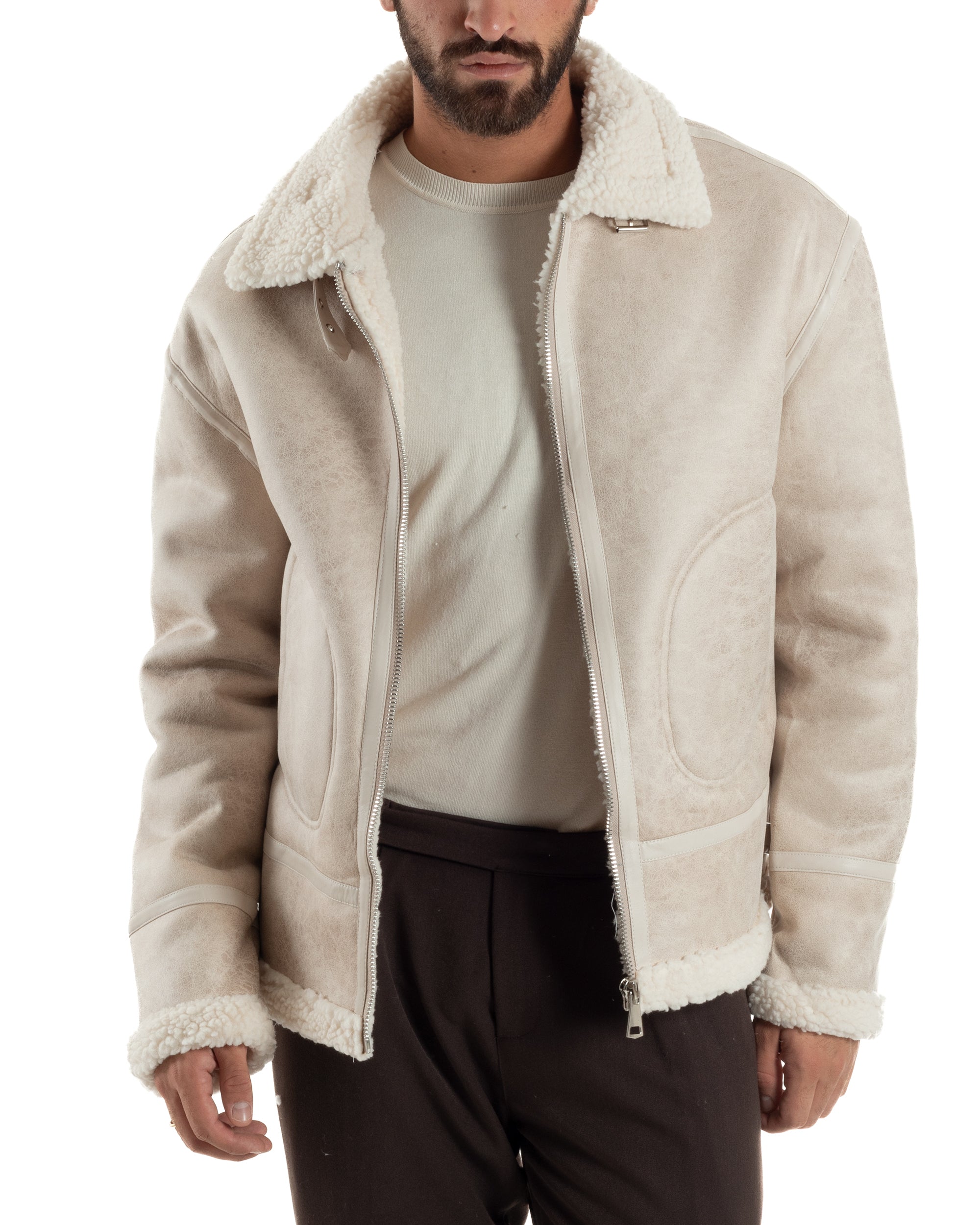 Giubbotto Uomo Montone Ecopelle Giacca College Pelliccia Beige G3359A