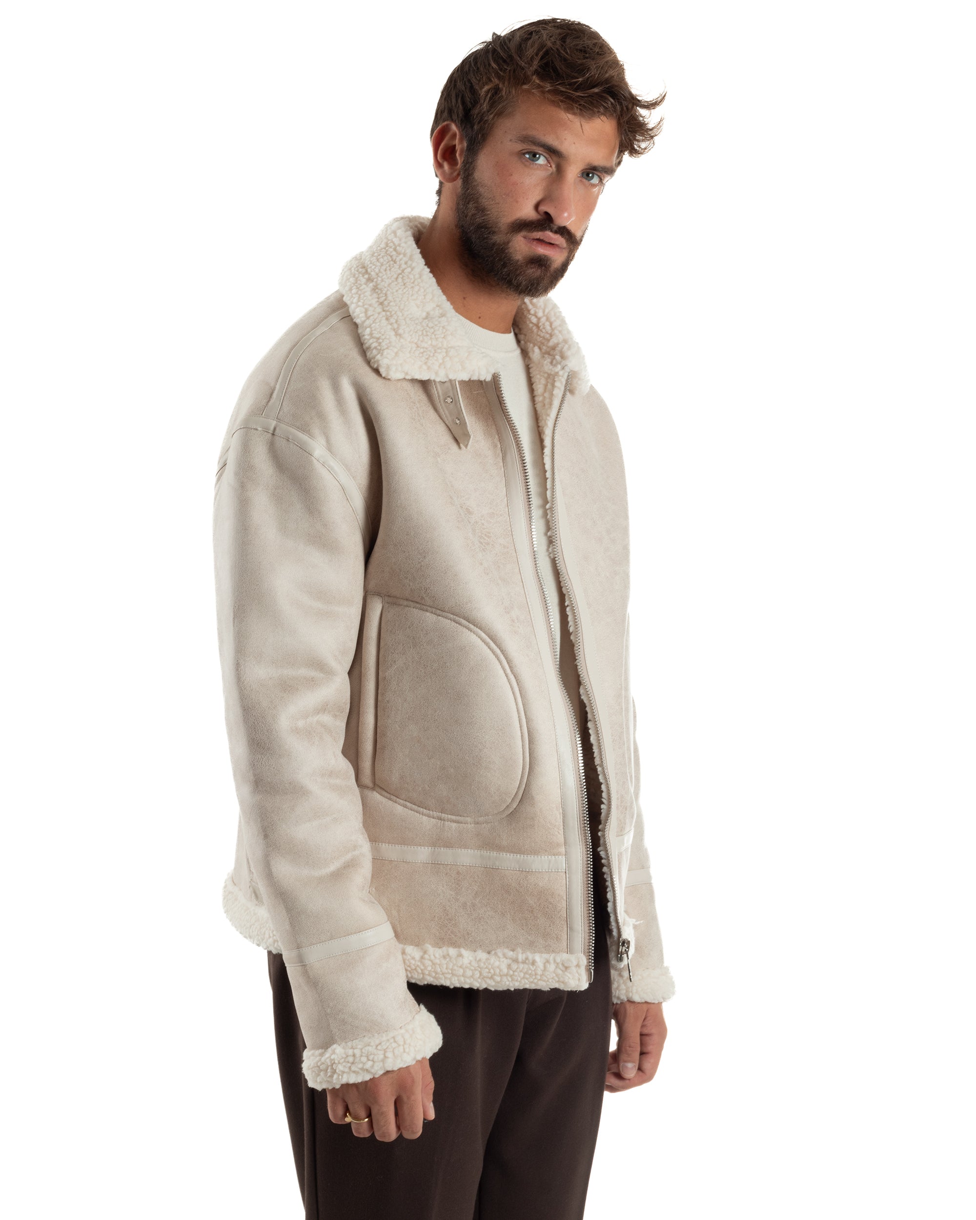 Giubbotto Uomo Montone Ecopelle Giacca College Pelliccia Beige G3359A