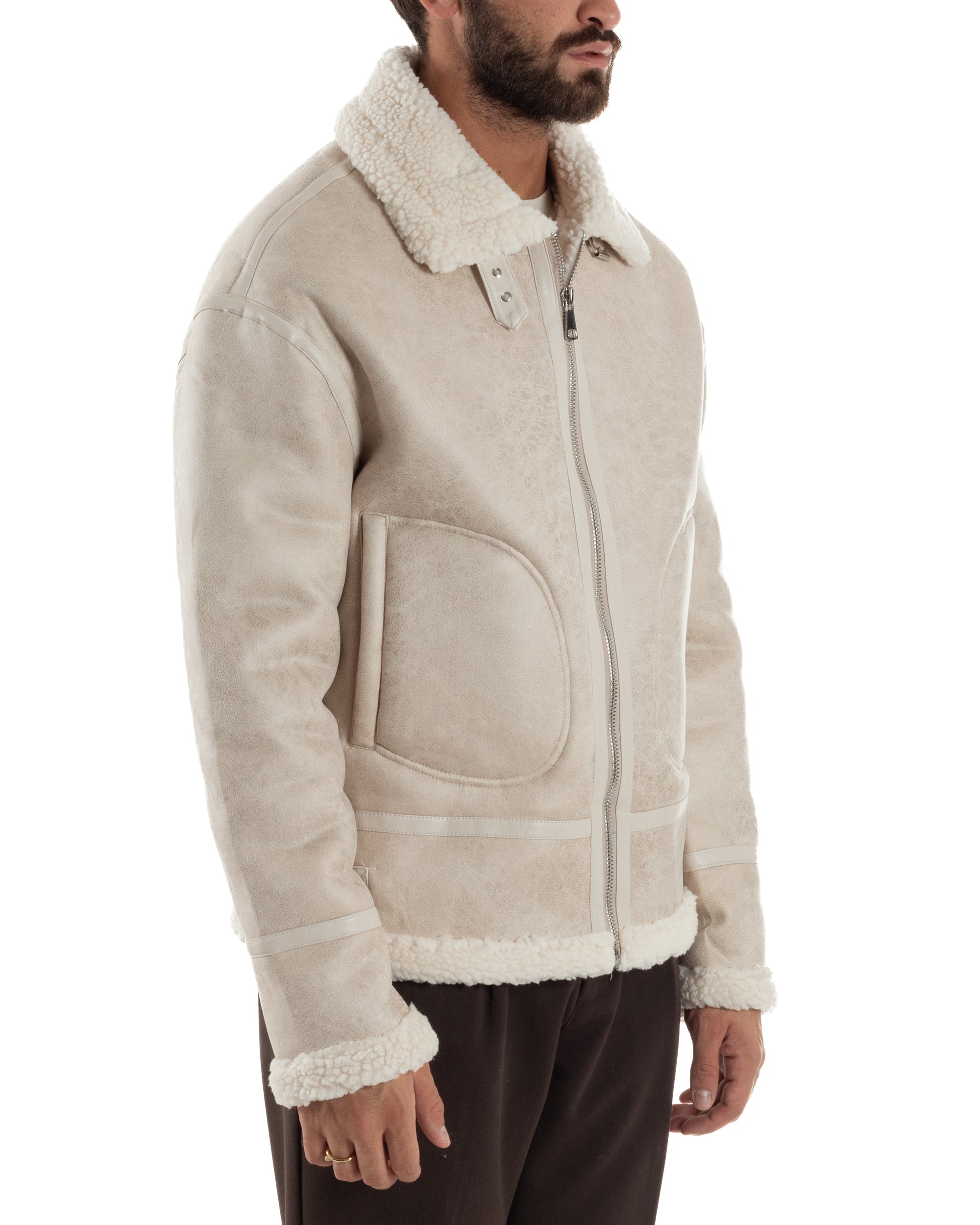 Giubbotto Uomo Montone Ecopelle Giacca College Pelliccia Beige G3359A