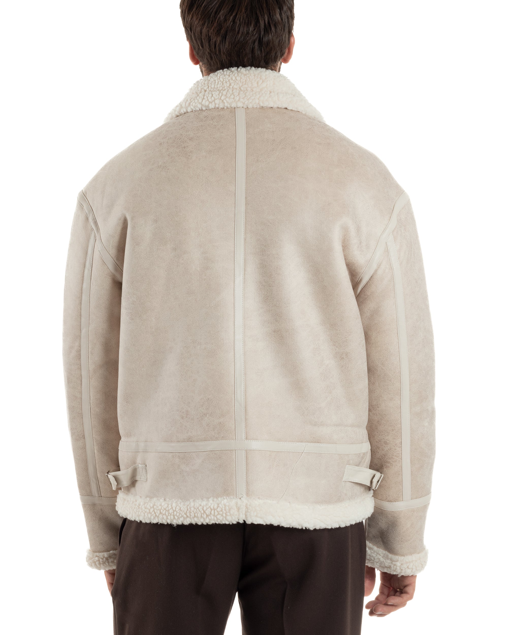 Giubbotto Uomo Montone Ecopelle Giacca College Pelliccia Beige G3359A