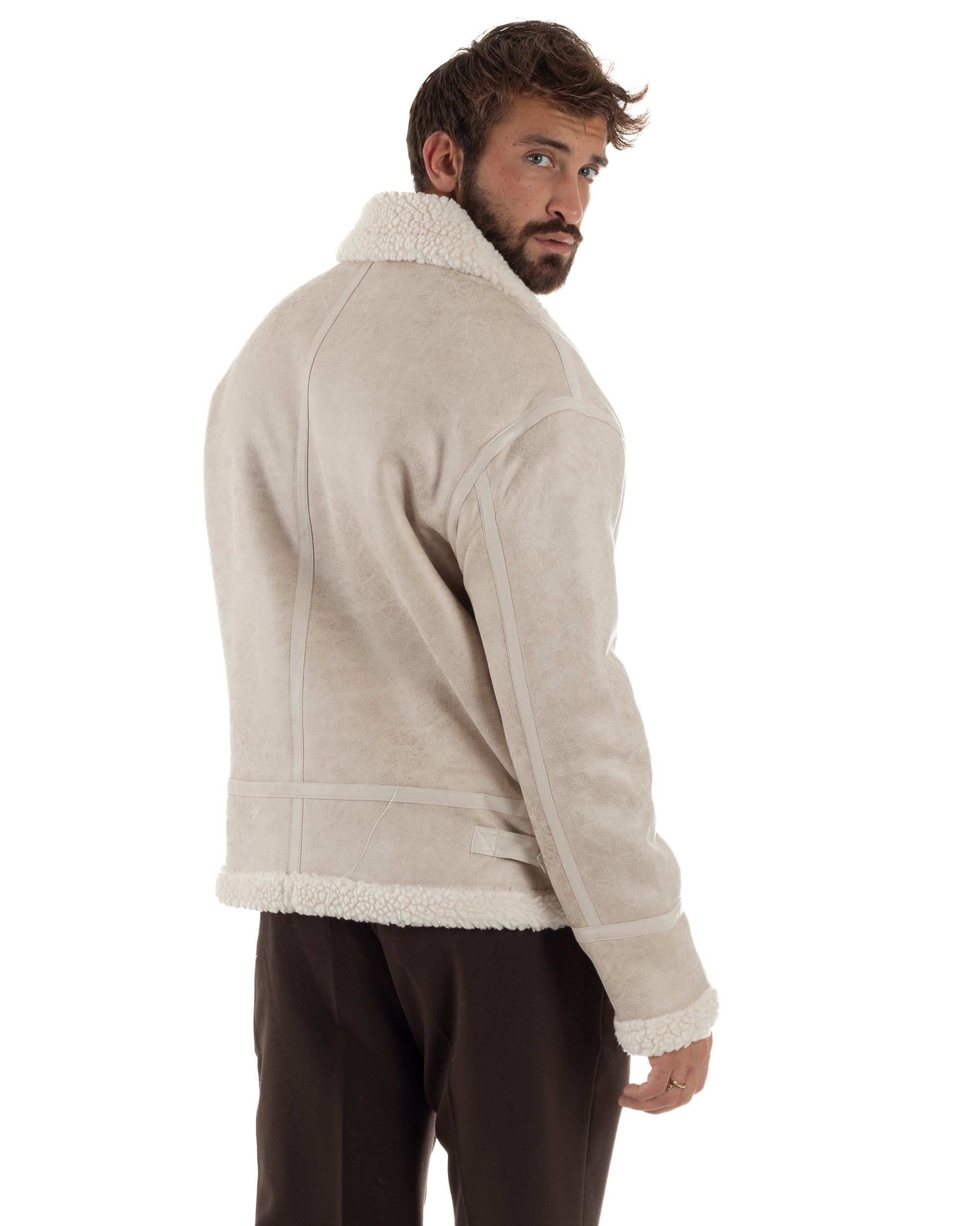 Giubbotto Uomo Montone Ecopelle Giacca College Pelliccia Beige G3359A