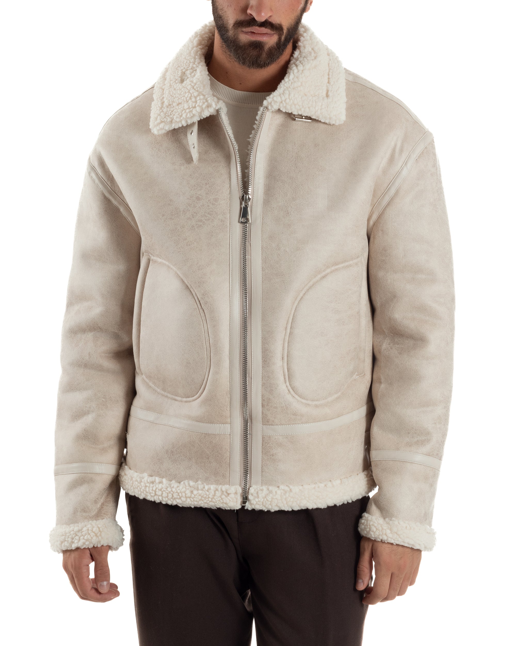 Giubbotto Uomo Montone Ecopelle Giacca College Pelliccia Beige G3359A