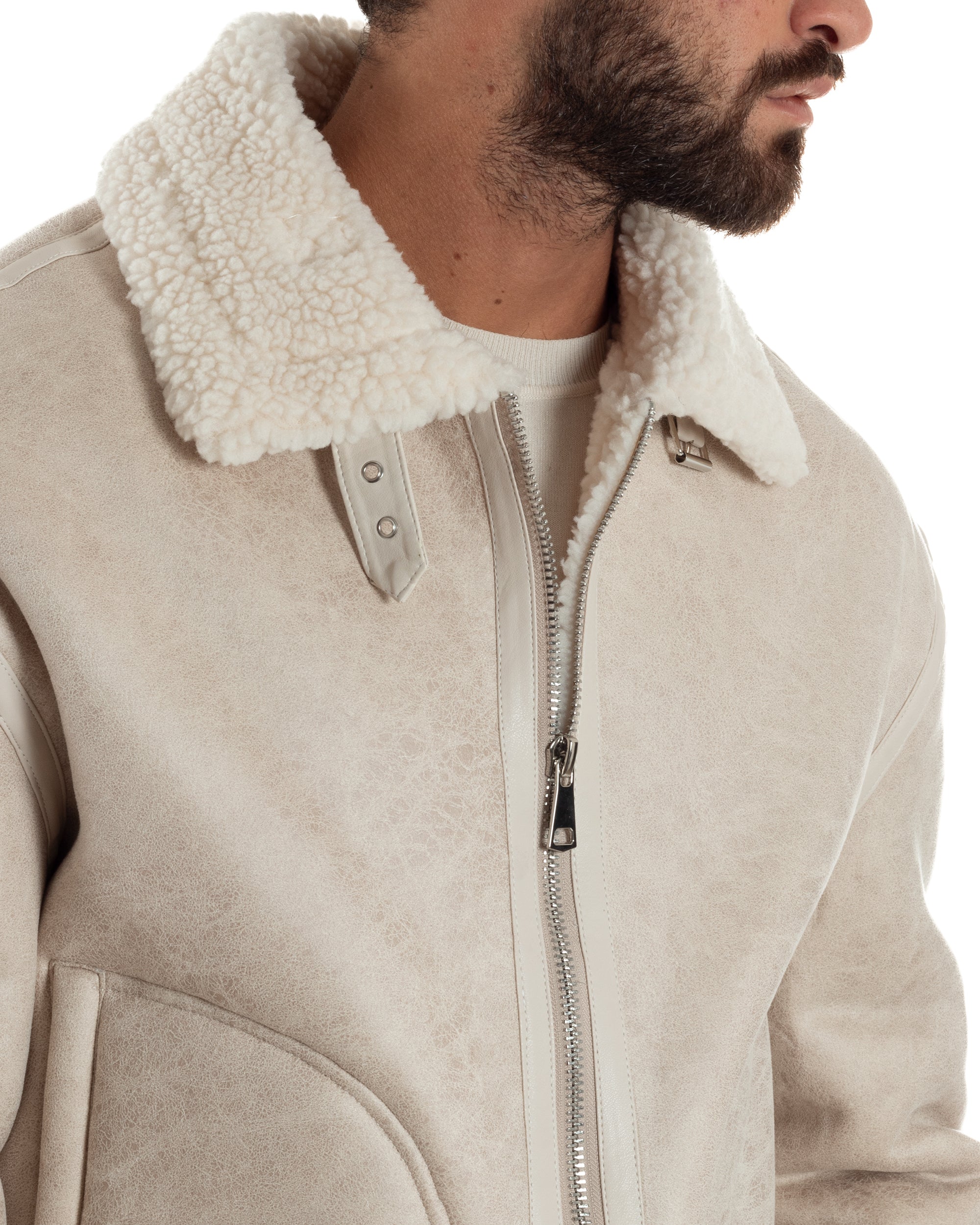 Giubbotto Uomo Montone Ecopelle Giacca College Pelliccia Beige G3359A