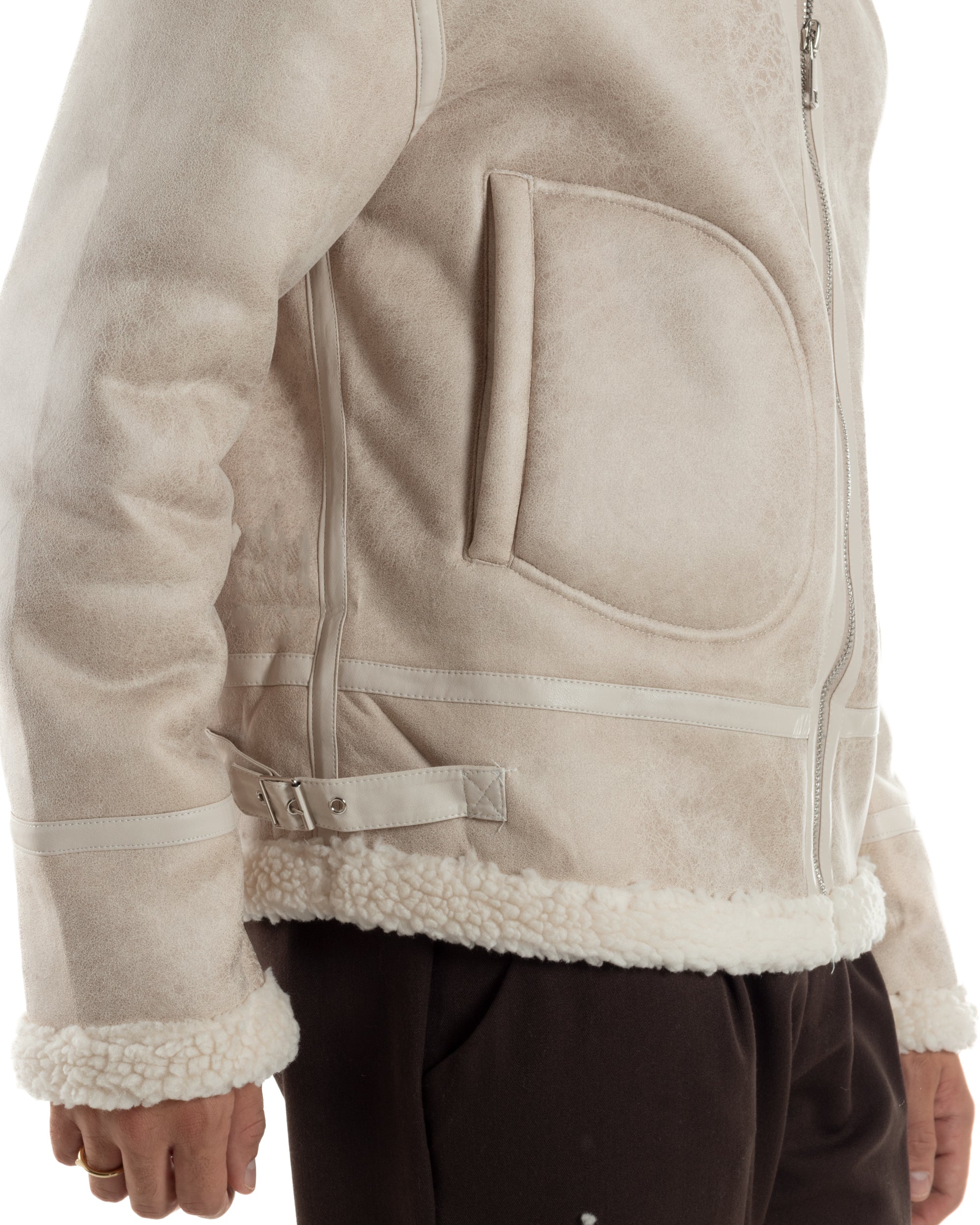 Giubbotto Uomo Montone Ecopelle Giacca College Pelliccia Beige G3359A