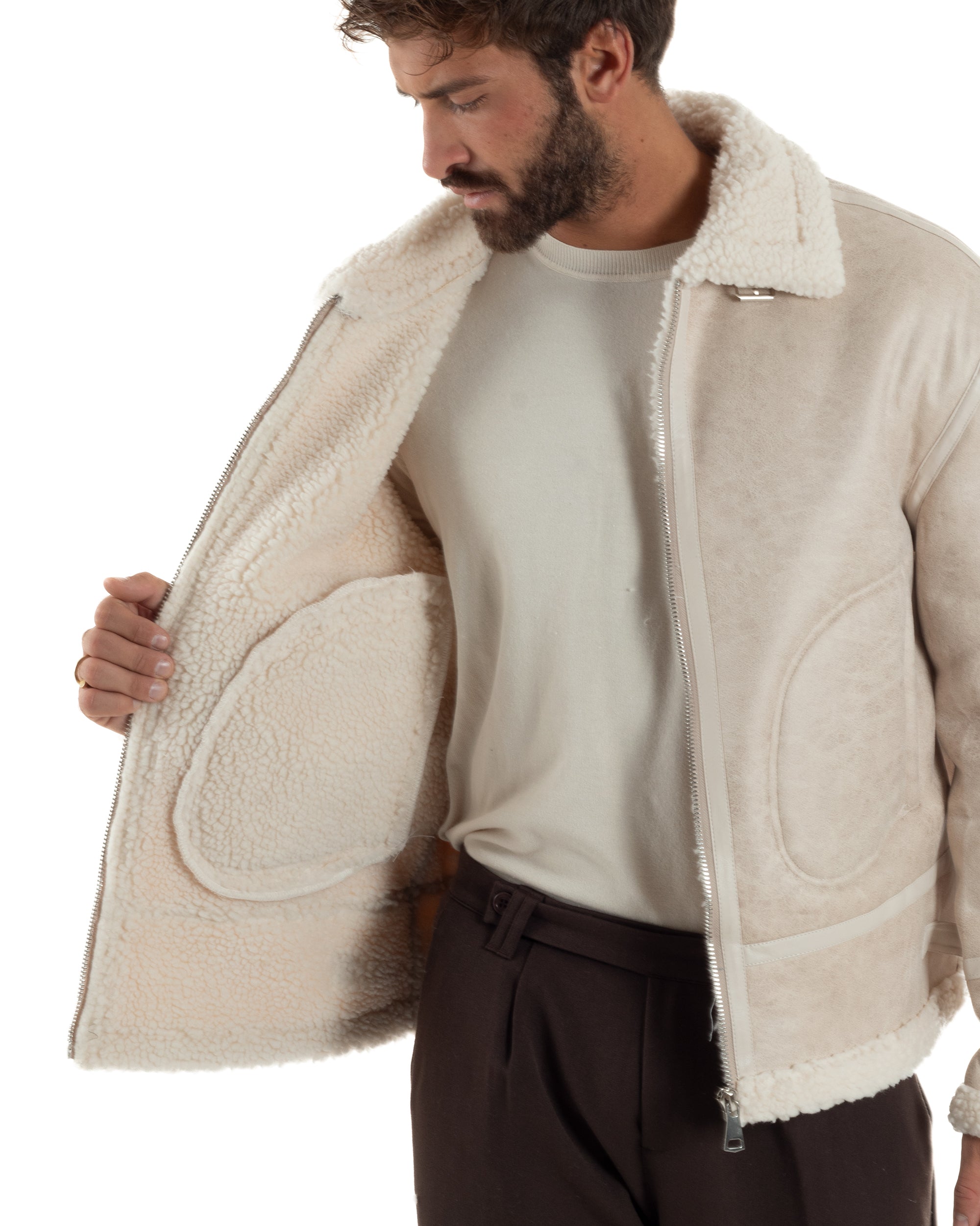 Giubbotto Uomo Montone Ecopelle Giacca College Pelliccia Beige G3359A