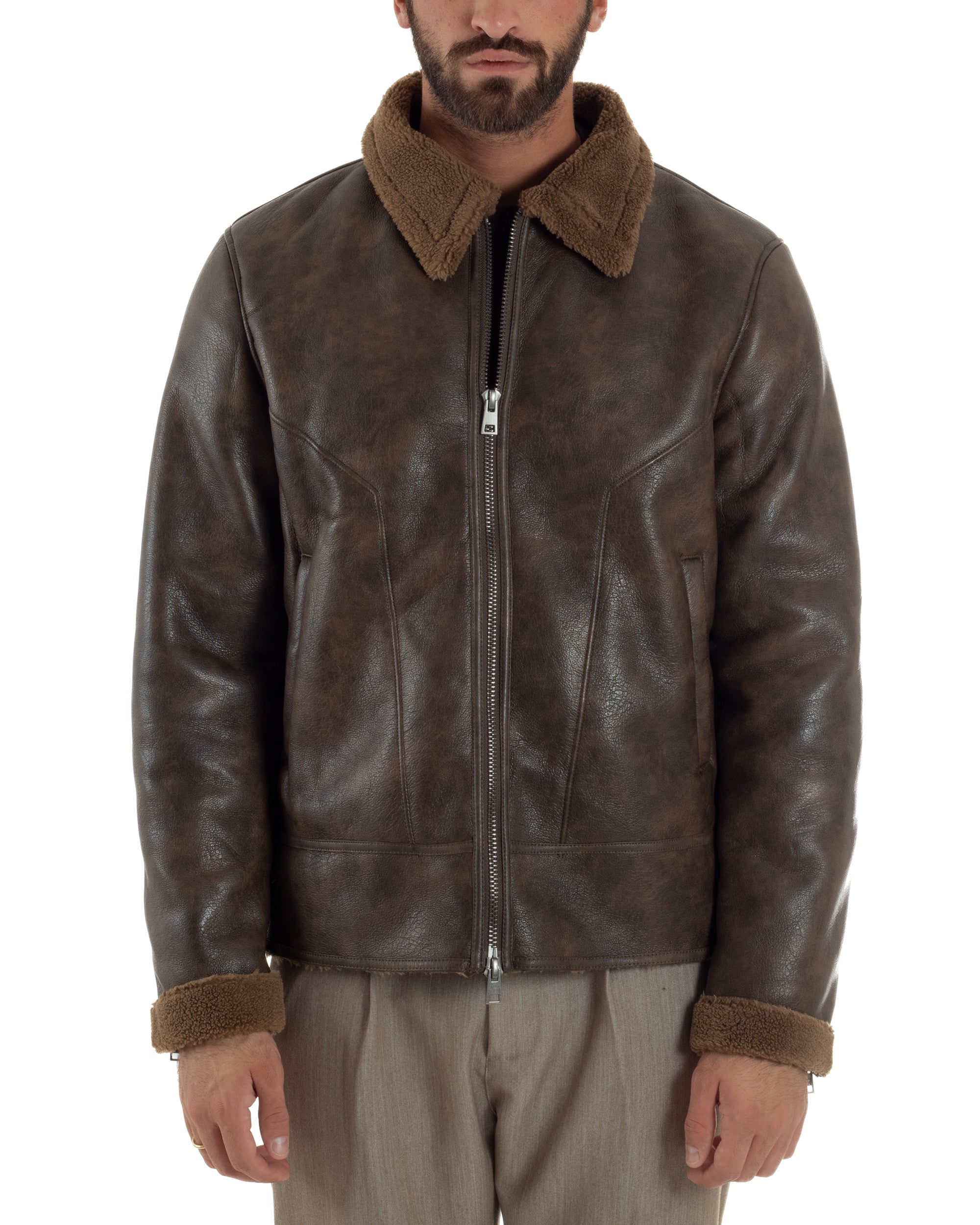 Giubbotto Uomo Ecopelle Montone College Pelliccia Casual Marrone G3360A