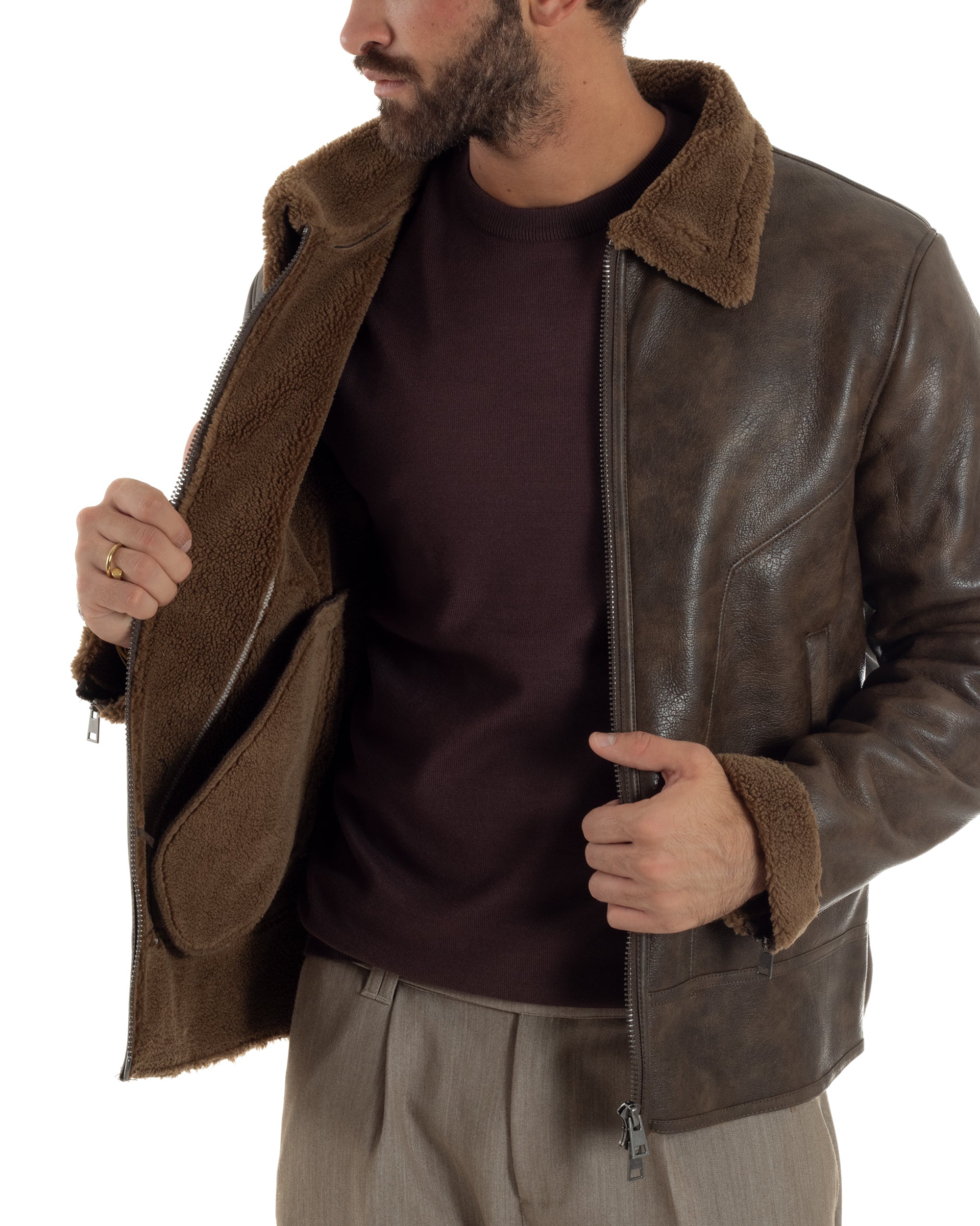 Giubbotto Uomo Ecopelle Montone College Pelliccia Casual Marrone G3360A