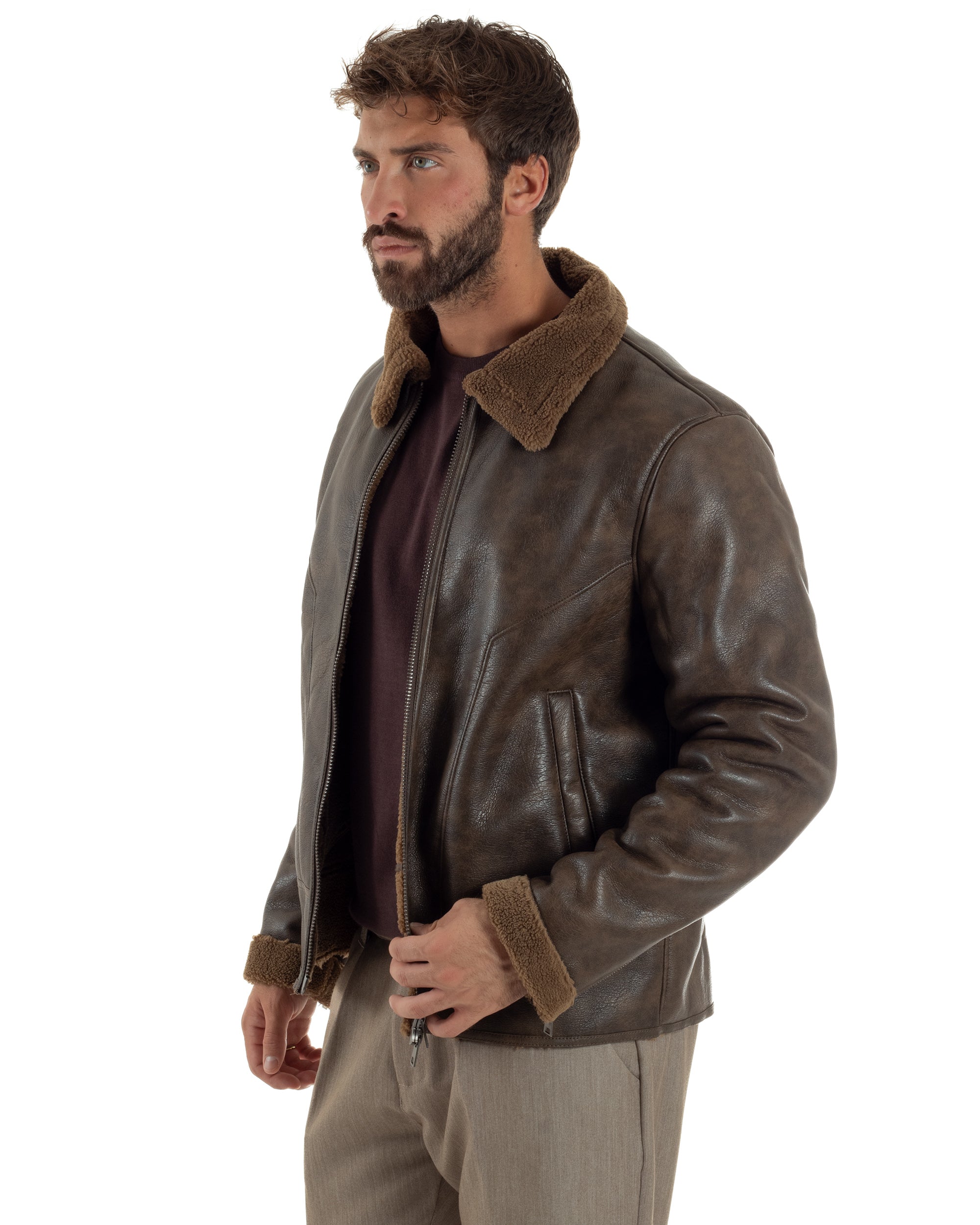 Giubbotto Uomo Ecopelle Montone College Pelliccia Casual Marrone G3360A