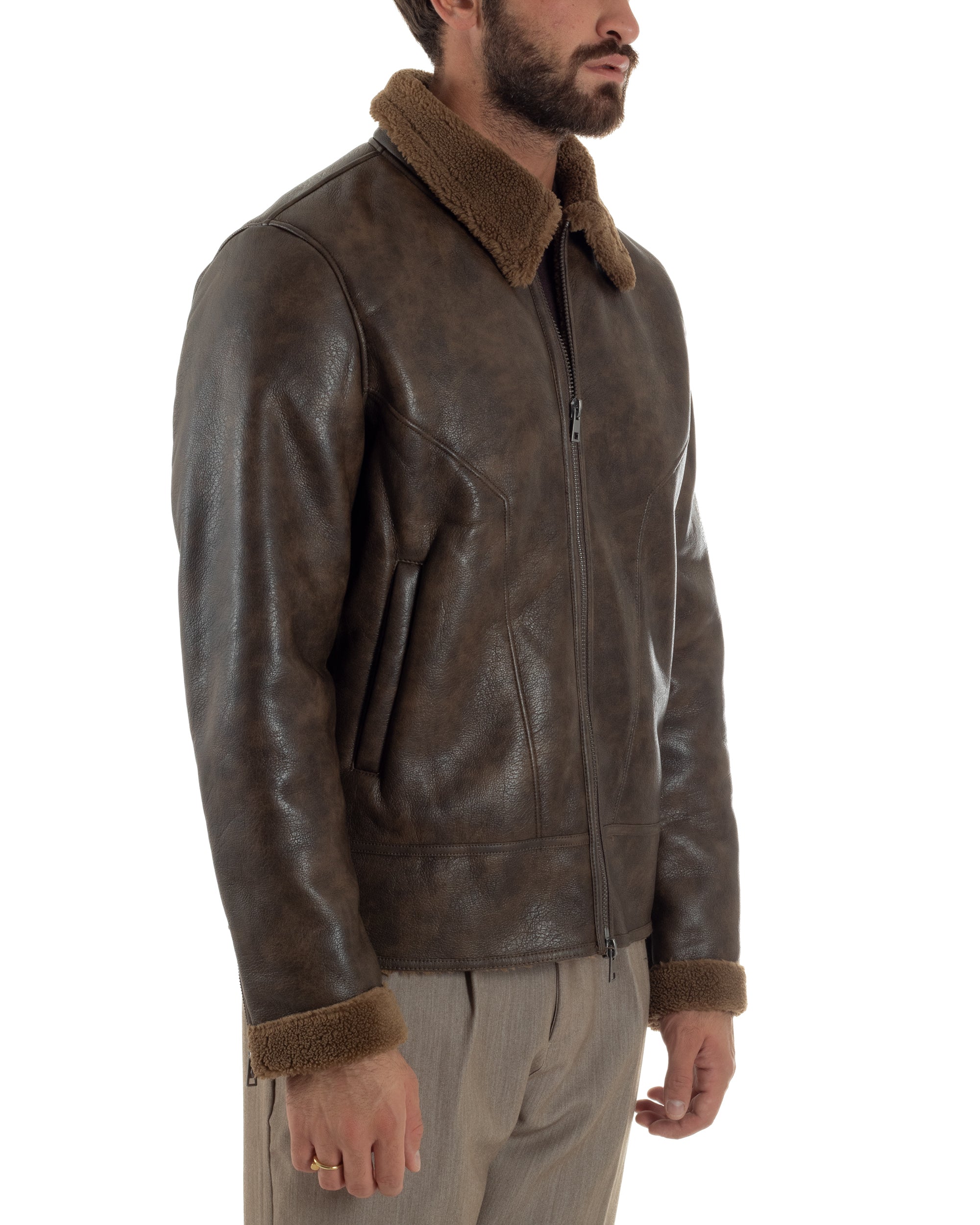 Giubbotto Uomo Ecopelle Montone College Pelliccia Casual Marrone G3360A