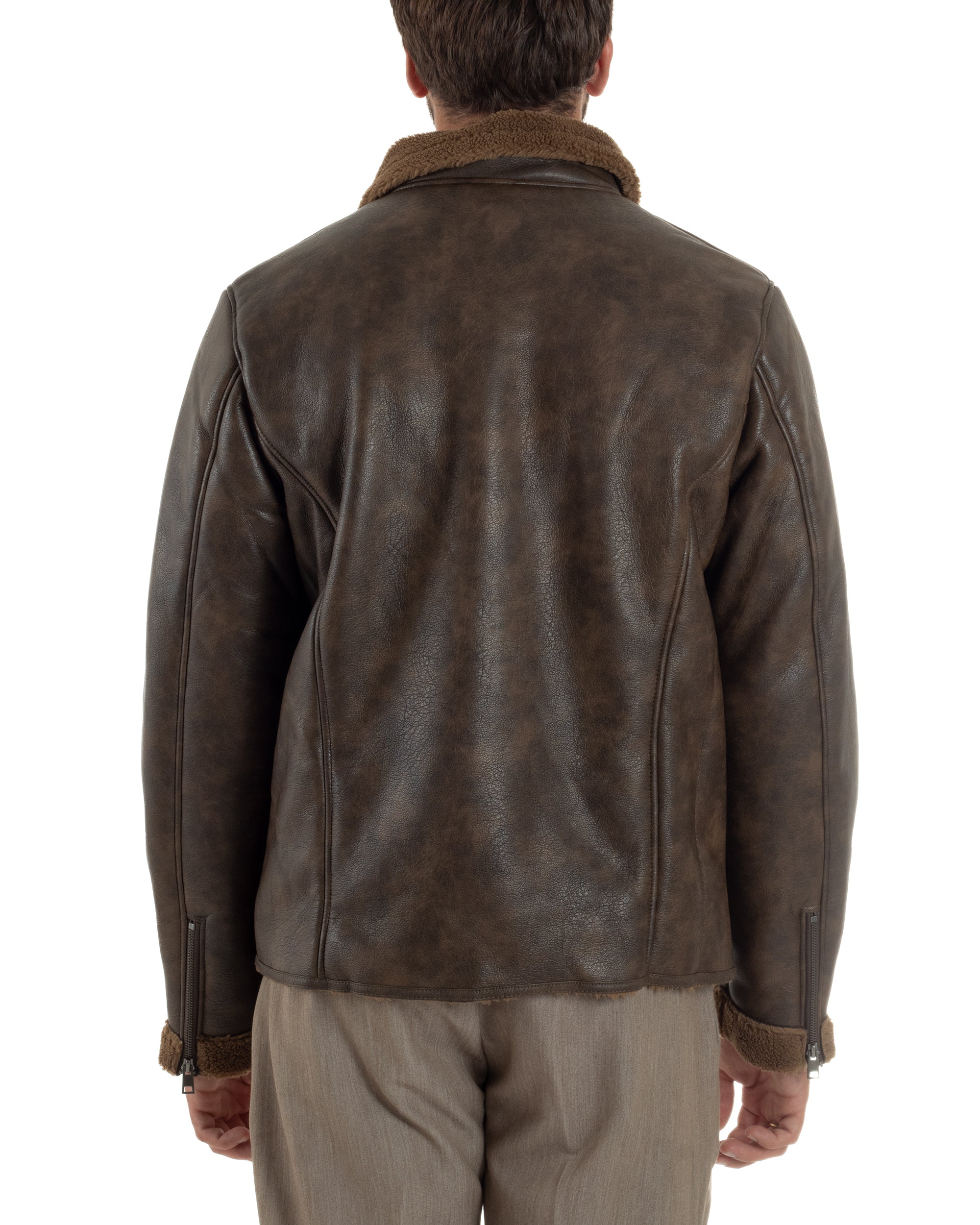 Giubbotto Uomo Ecopelle Montone College Pelliccia Casual Marrone G3360A