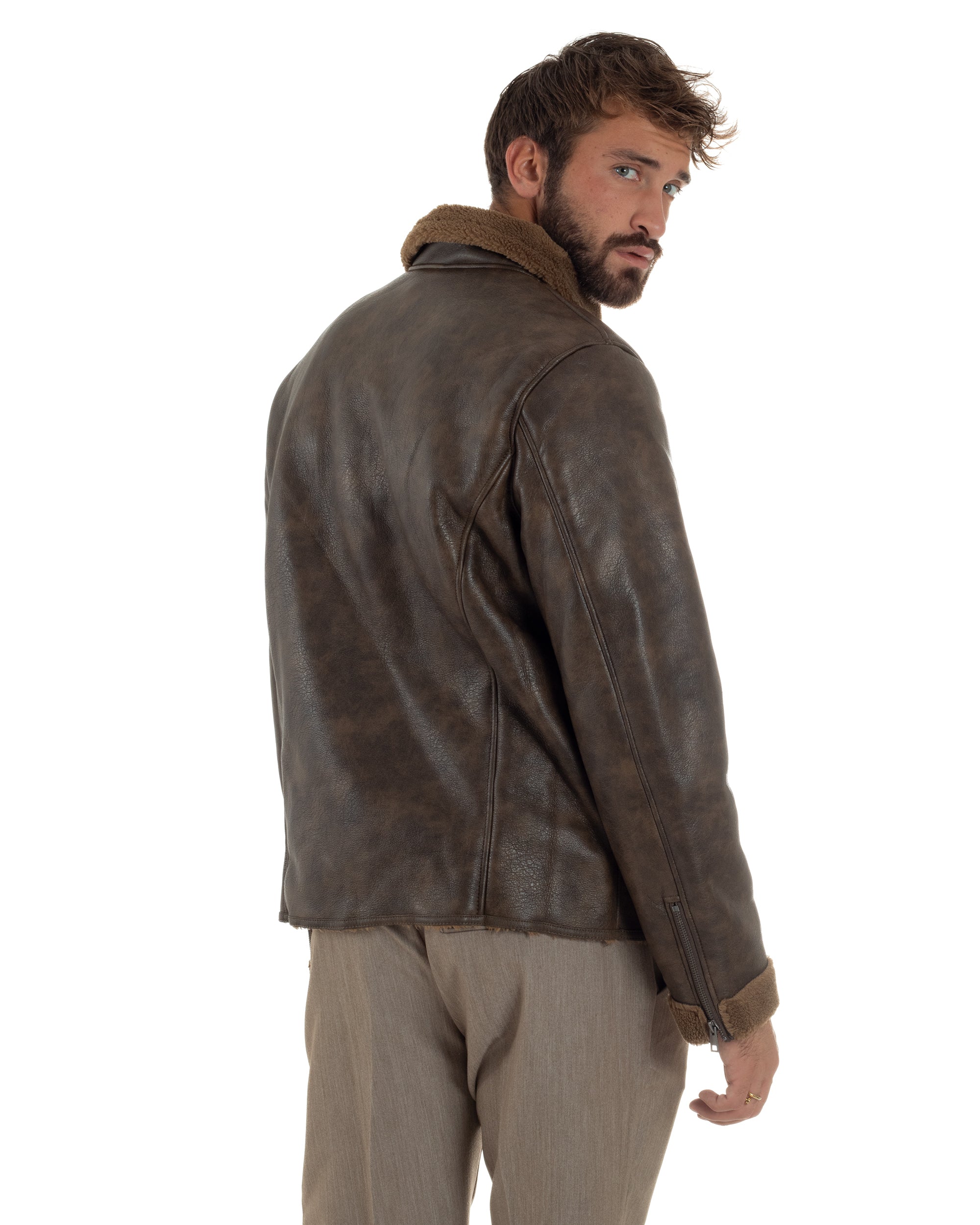 Giubbotto Uomo Ecopelle Montone College Pelliccia Casual Marrone G3360A