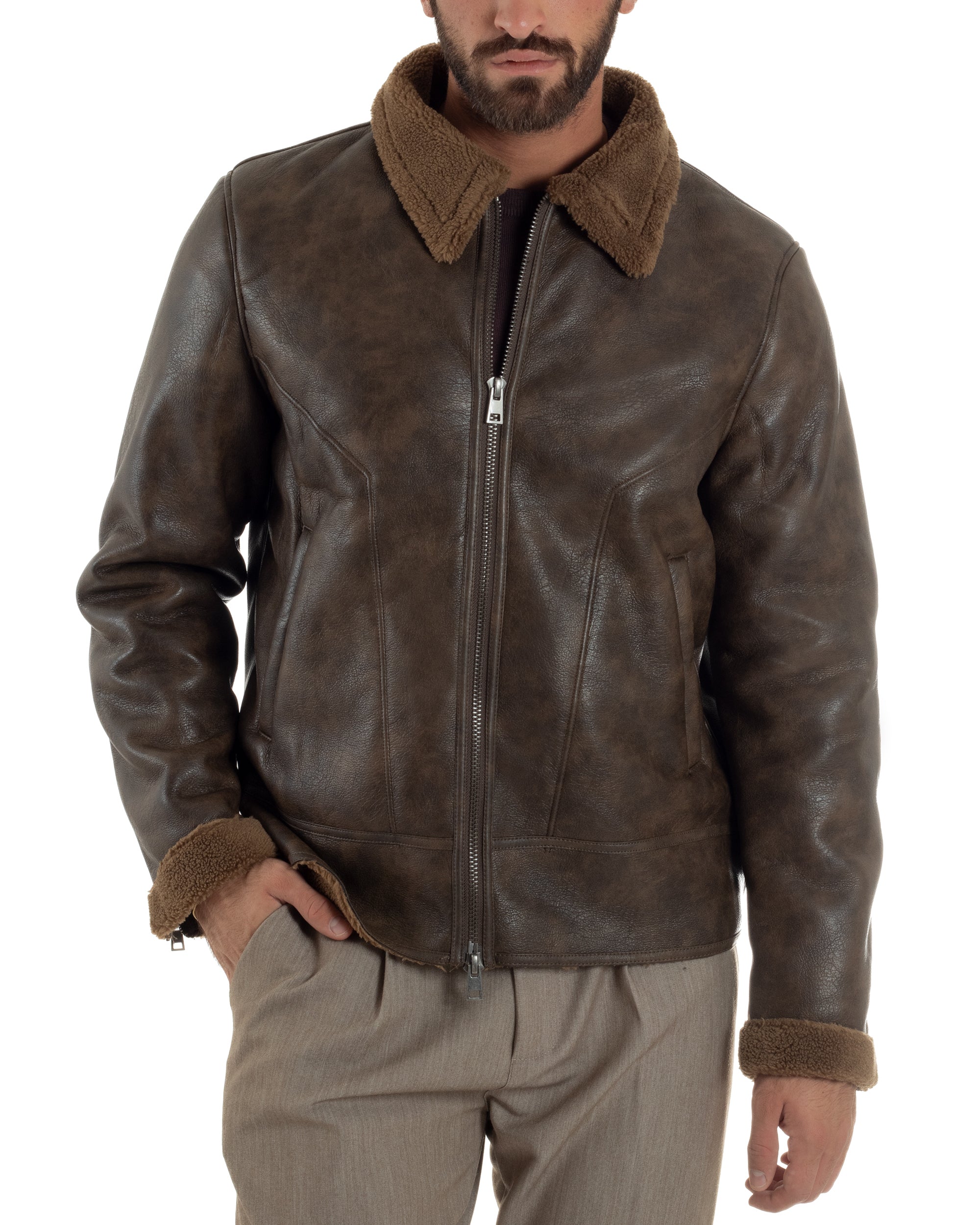 Giubbotto Uomo Ecopelle Montone College Pelliccia Casual Marrone G3360A