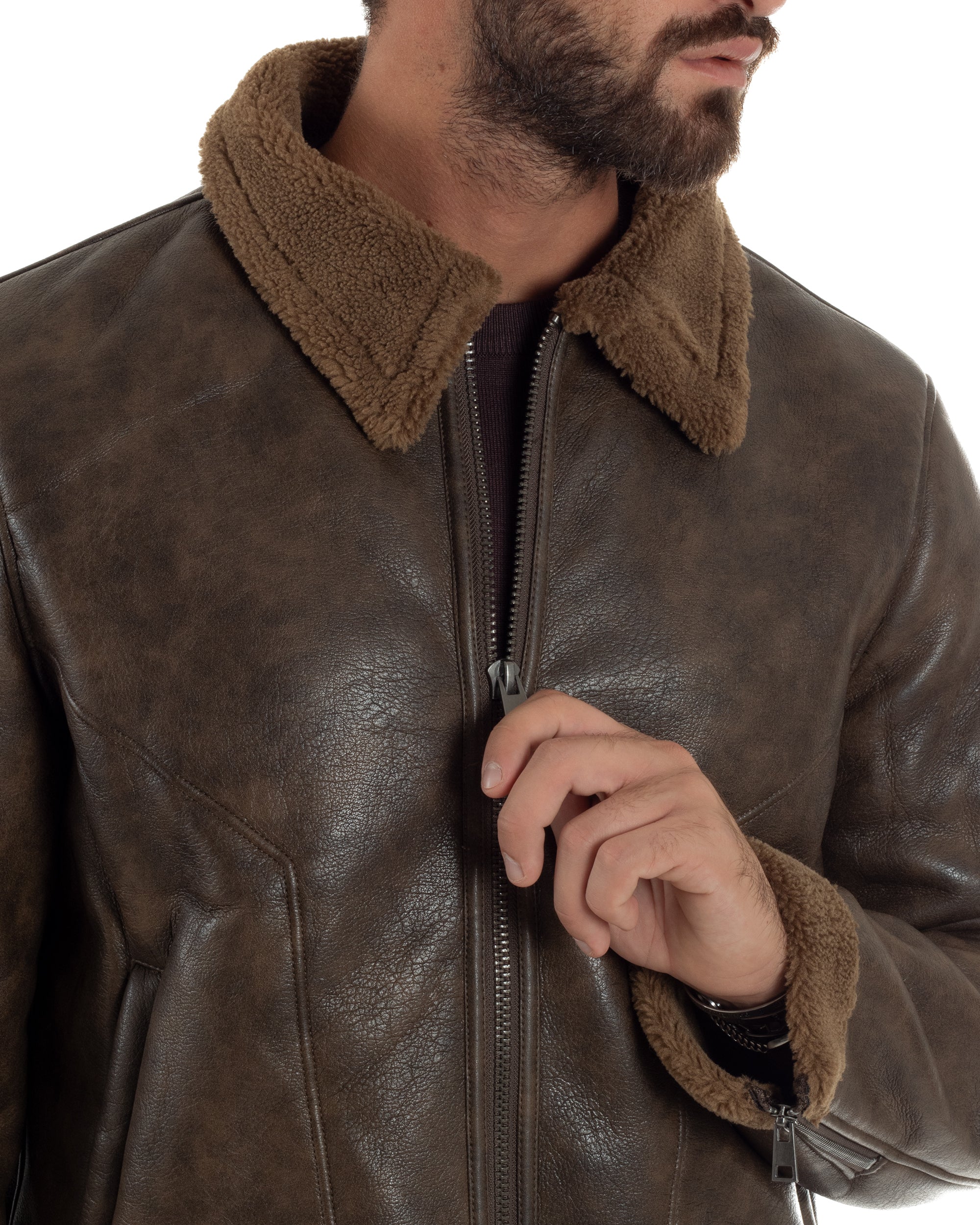 Giubbotto Uomo Ecopelle Montone College Pelliccia Casual Marrone G3360A