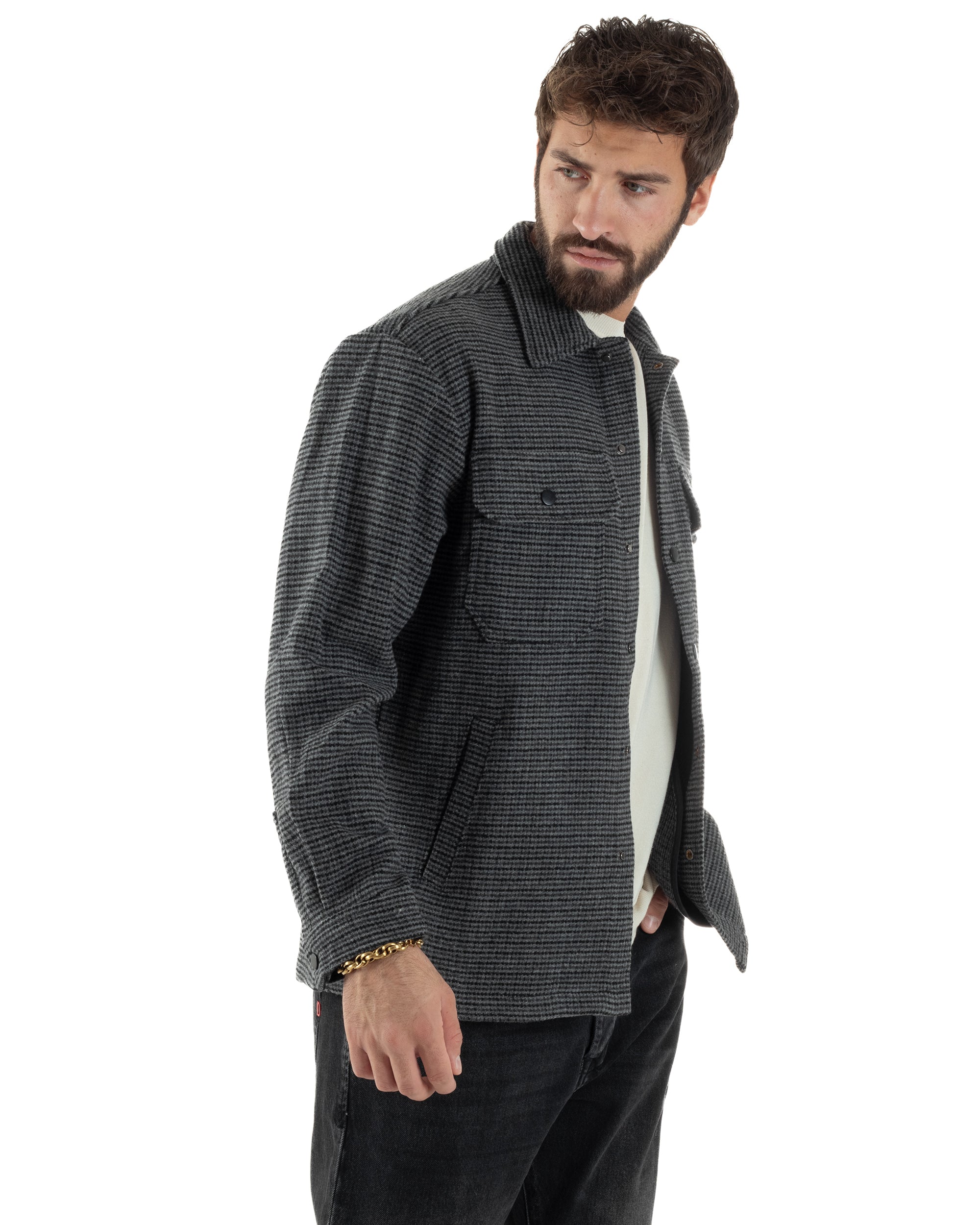 Giacca Overshirt Uomo Camicia Quadri Con Tasconi Grigio G3362A