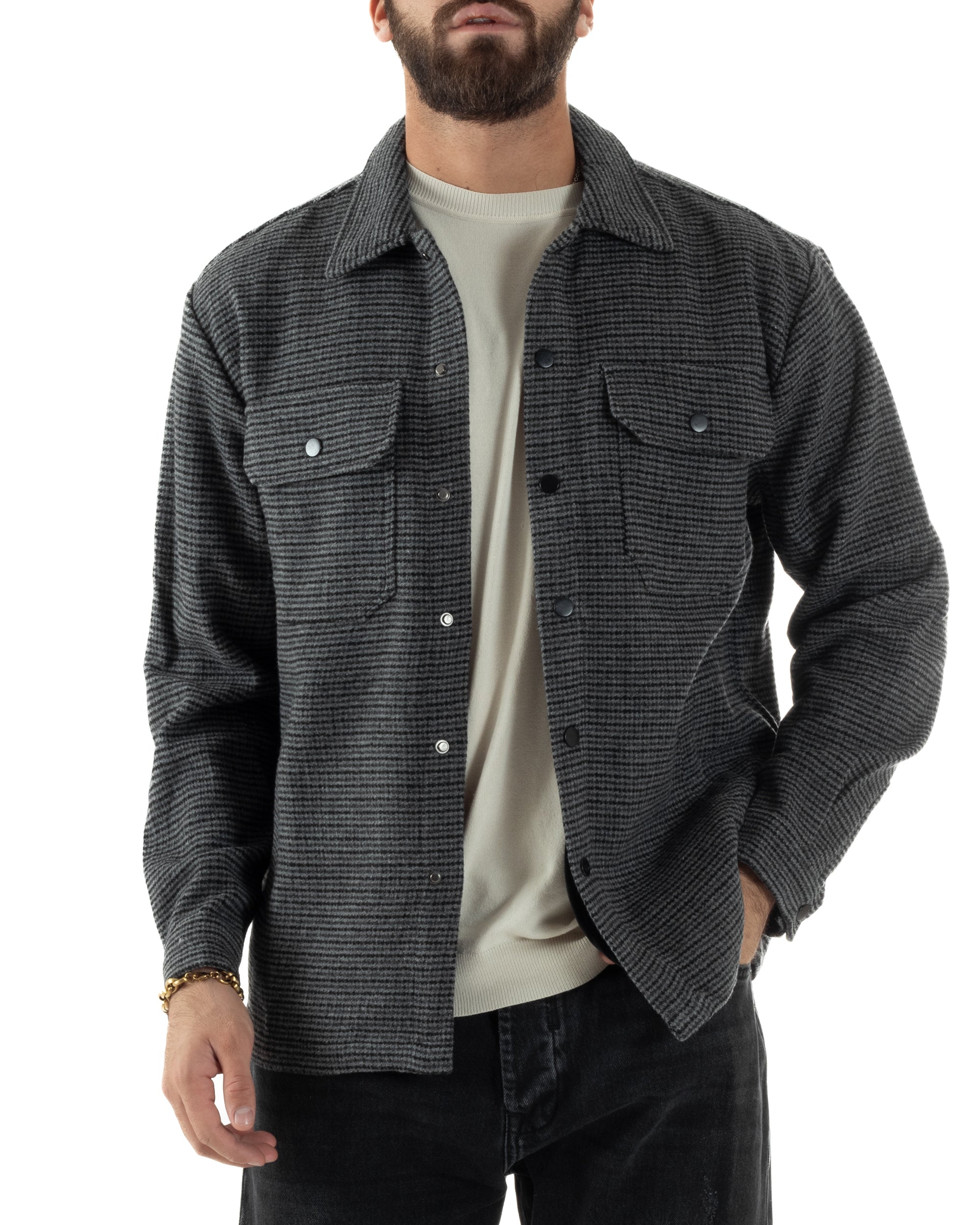 Giacca Overshirt Uomo Camicia Quadri Con Tasconi Grigio G3362A
