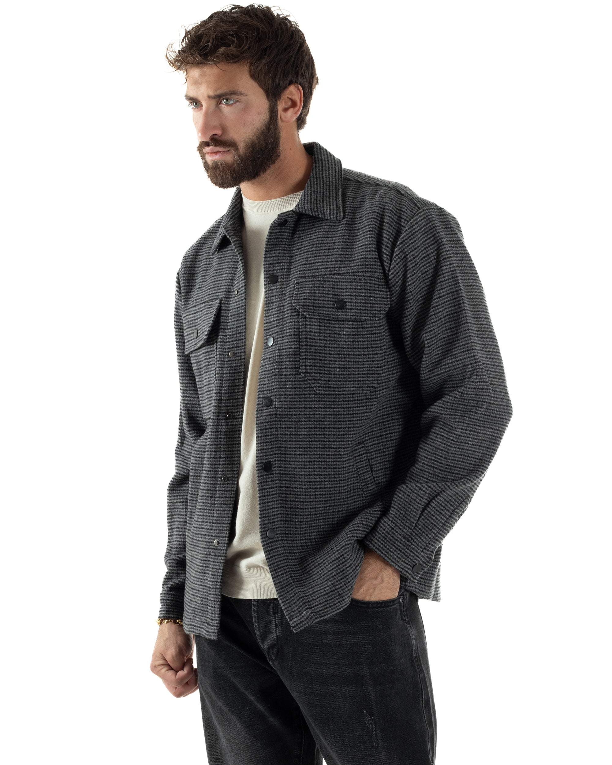 Giacca Overshirt Uomo Camicia Quadri Con Tasconi Grigio G3362A