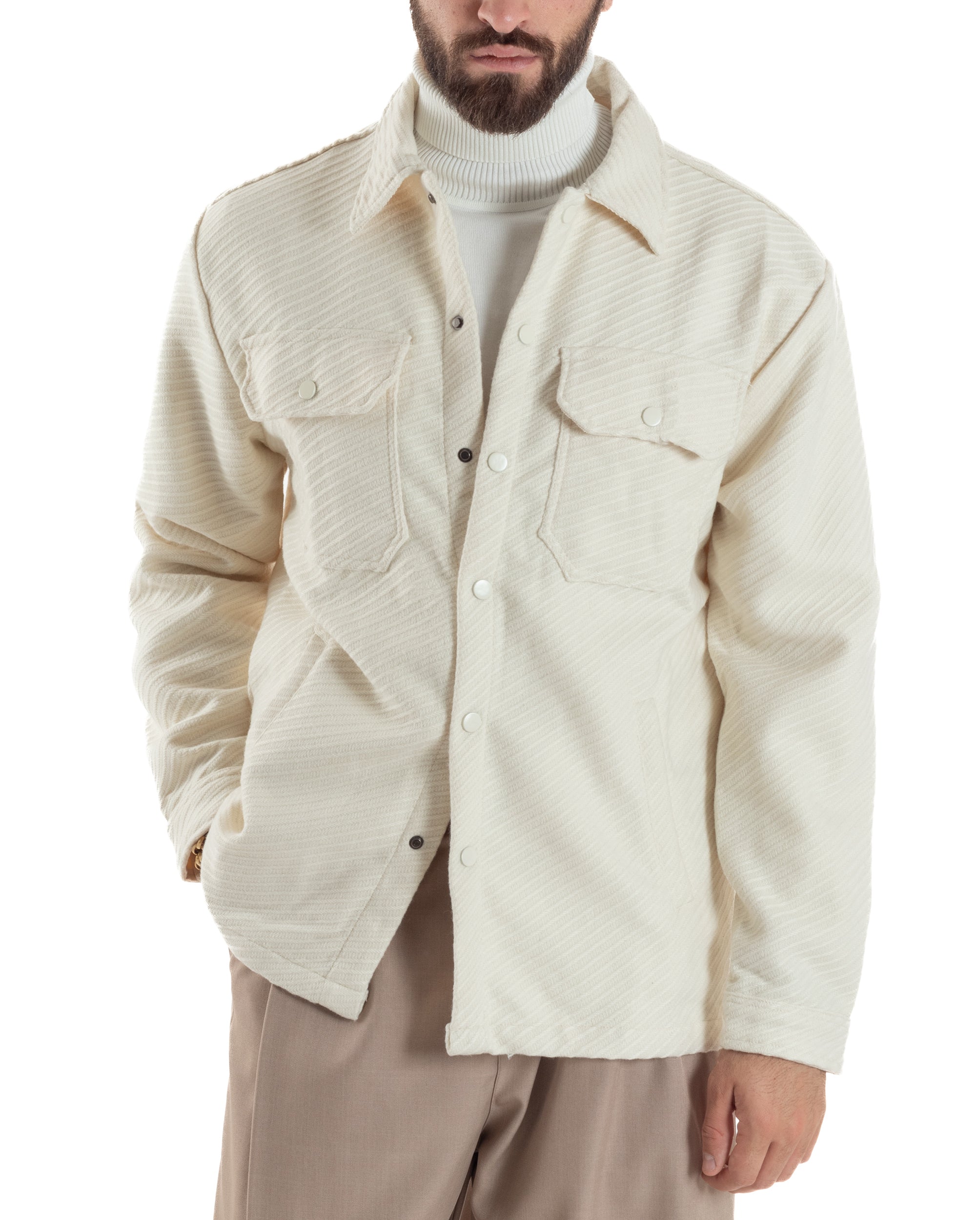 Giacca Overshirt Uomo Camicia Con Tasconi Tessuto Diagonale Panna G3363A