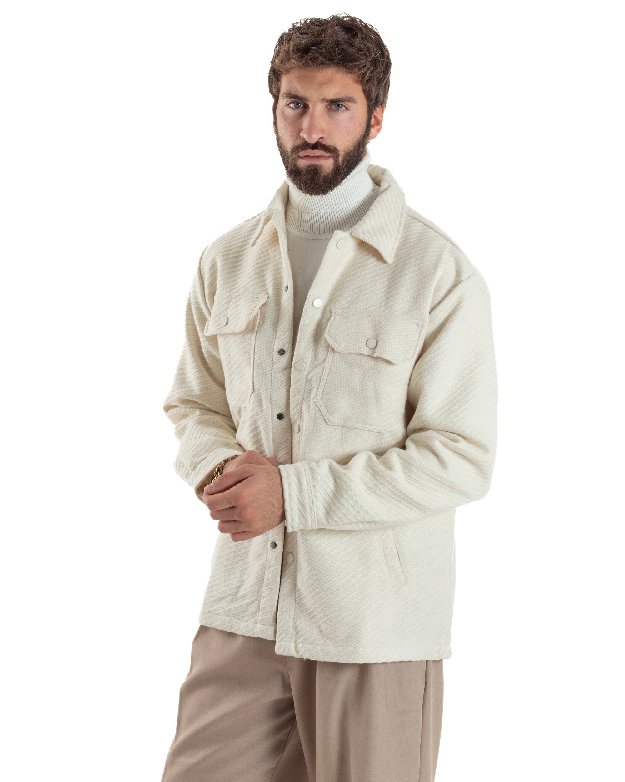 Giacca Overshirt Uomo Camicia Con Tasconi Tessuto Diagonale Panna G3363A