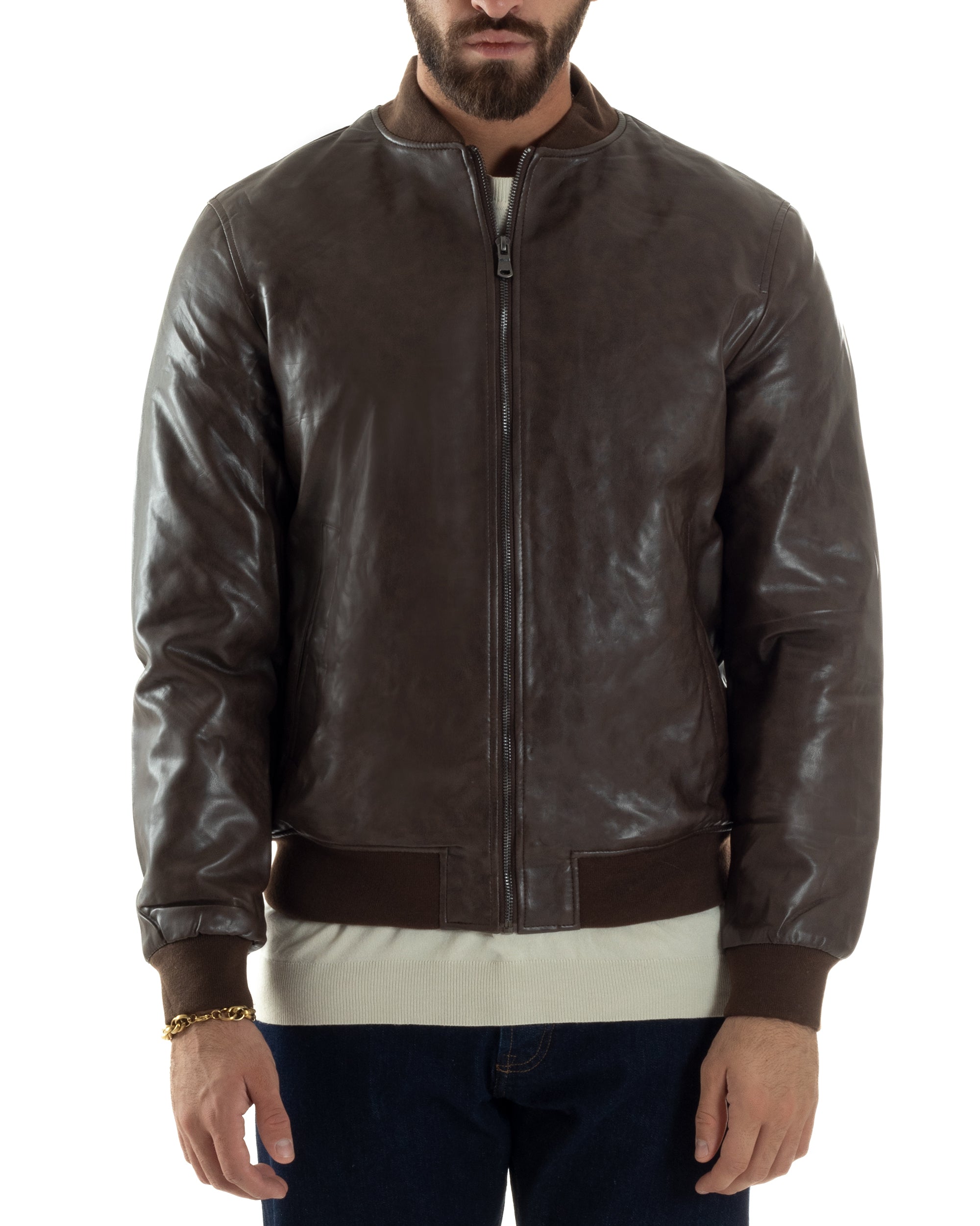 Giubbotto Uomo College Ecopelle Vintage Biker Basic Imbottito Marrone G3364A