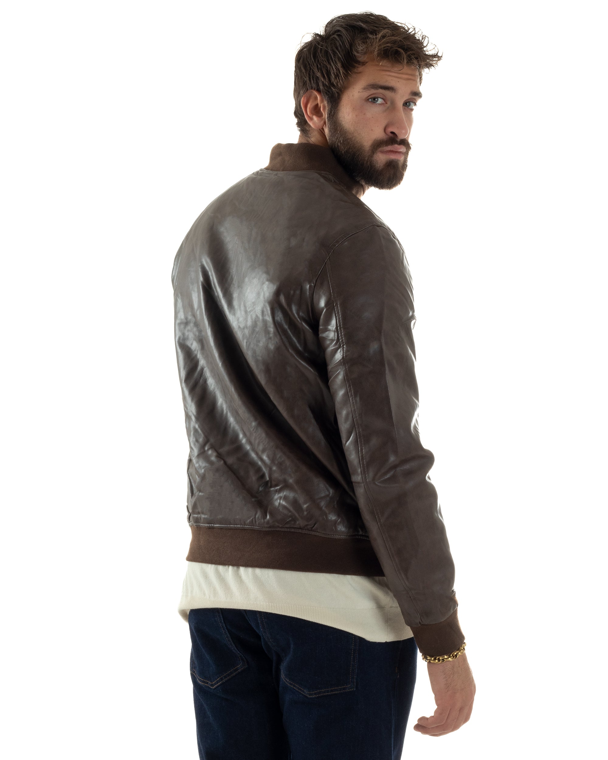 Giubbotto Uomo College Ecopelle Vintage Biker Basic Imbottito Marrone G3364A