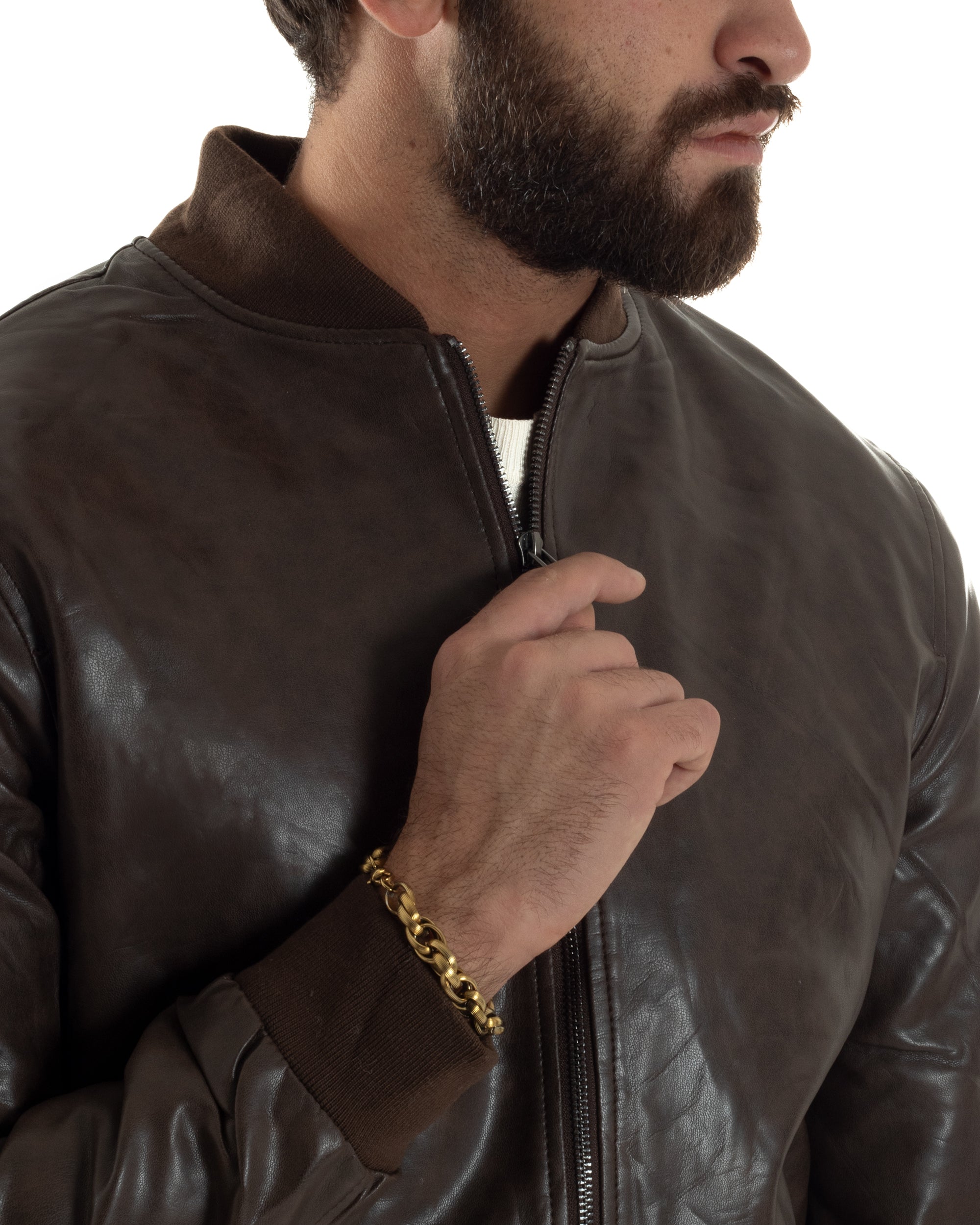 Giubbotto Uomo College Ecopelle Vintage Biker Basic Imbottito Marrone G3364A