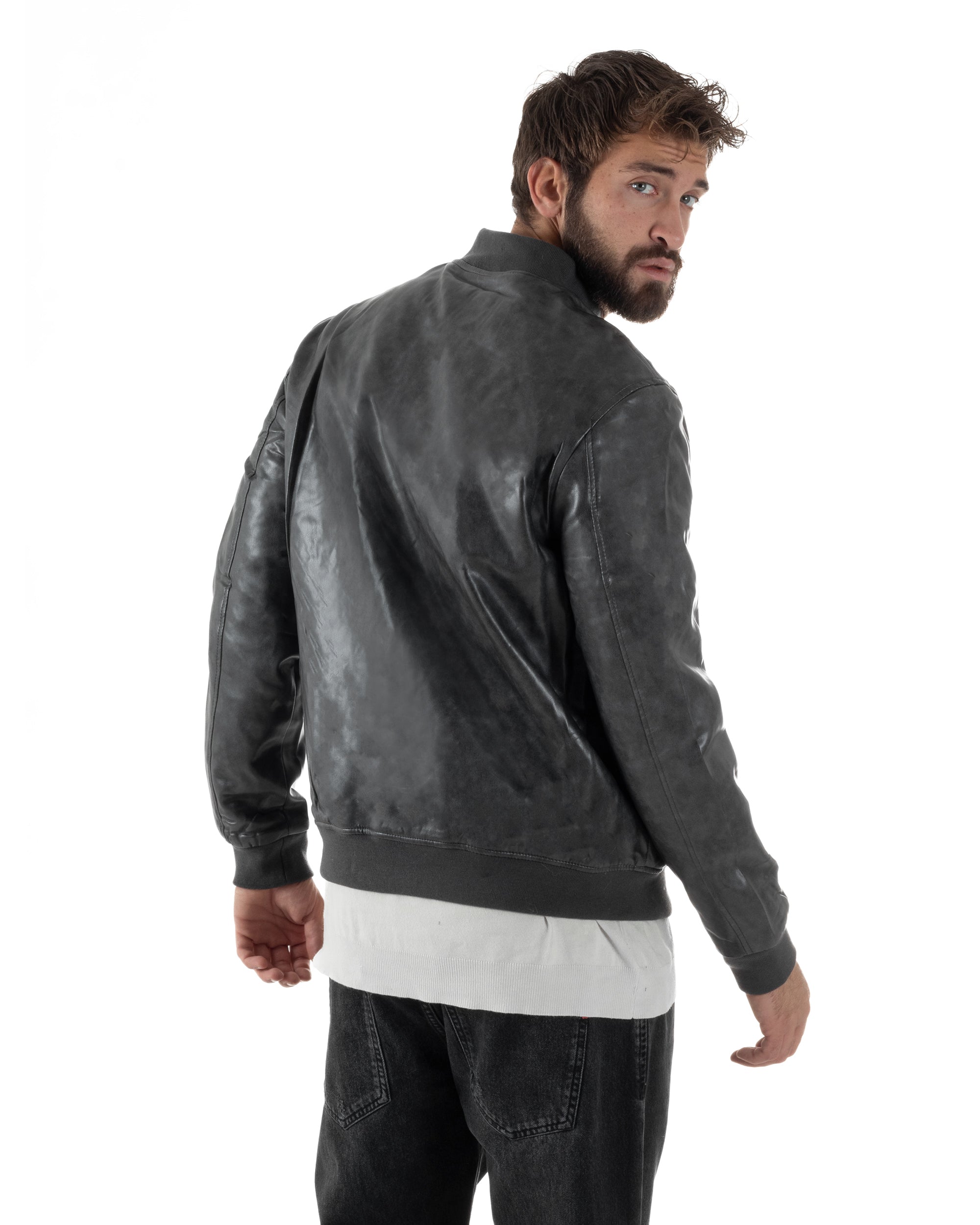 Giubbotto Uomo College Ecopelle Vintage Biker Basic Imbottito Grigio G3365A