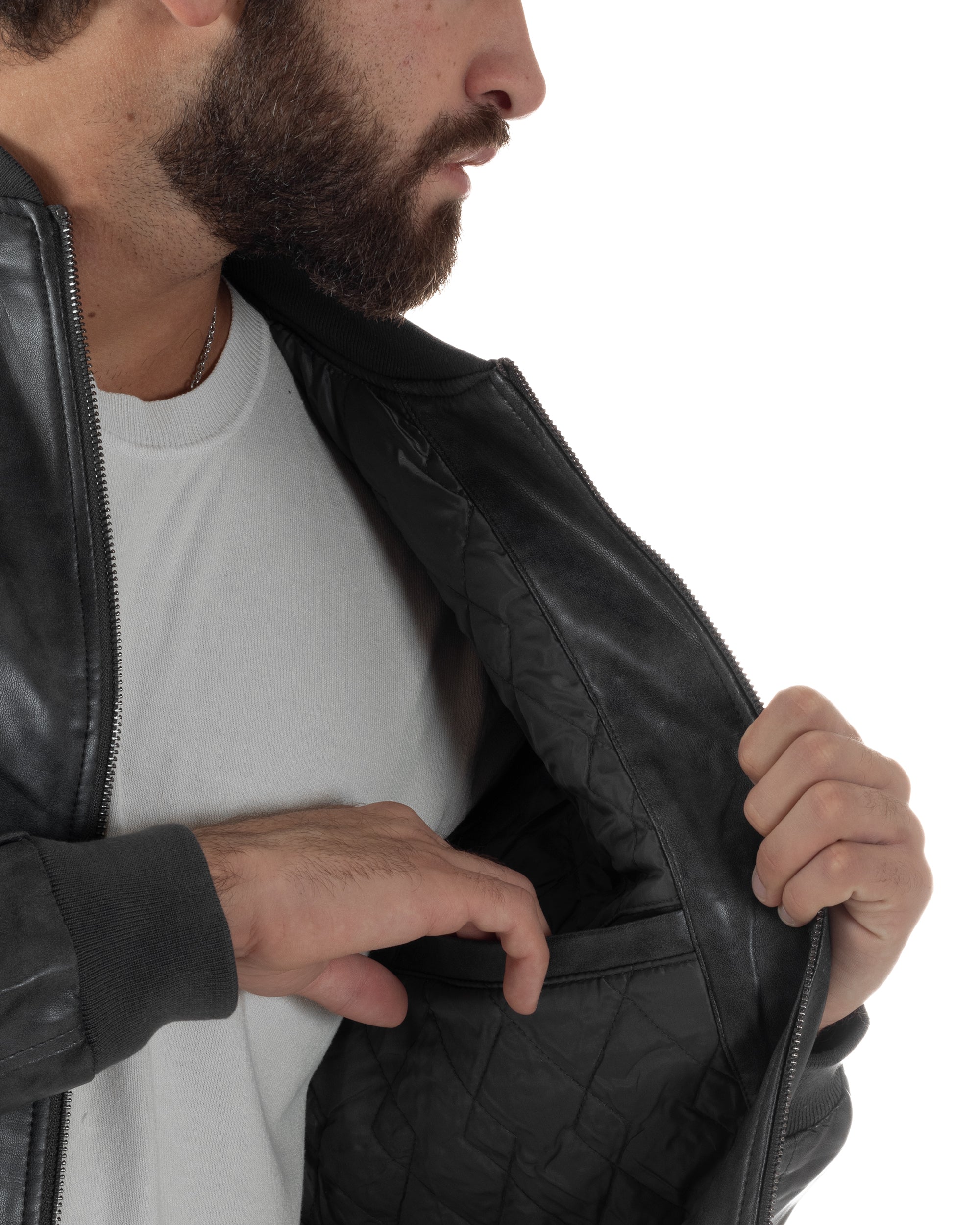 Giubbotto Uomo College Ecopelle Vintage Biker Basic Imbottito Grigio G3365A