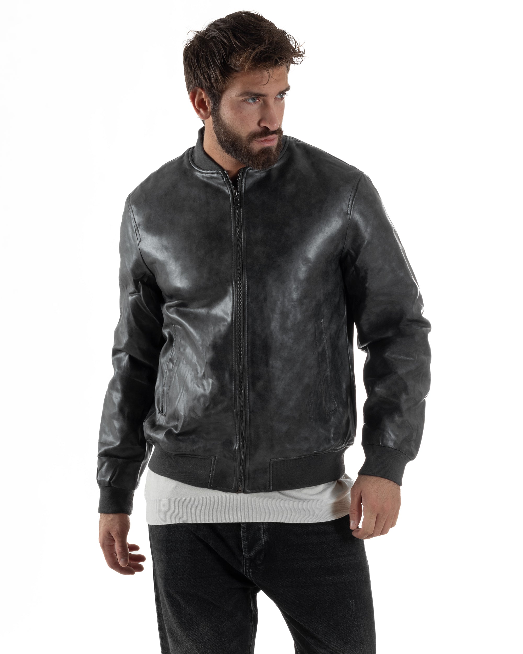 Giubbotto Uomo College Ecopelle Vintage Biker Basic Imbottito Grigio G3365A