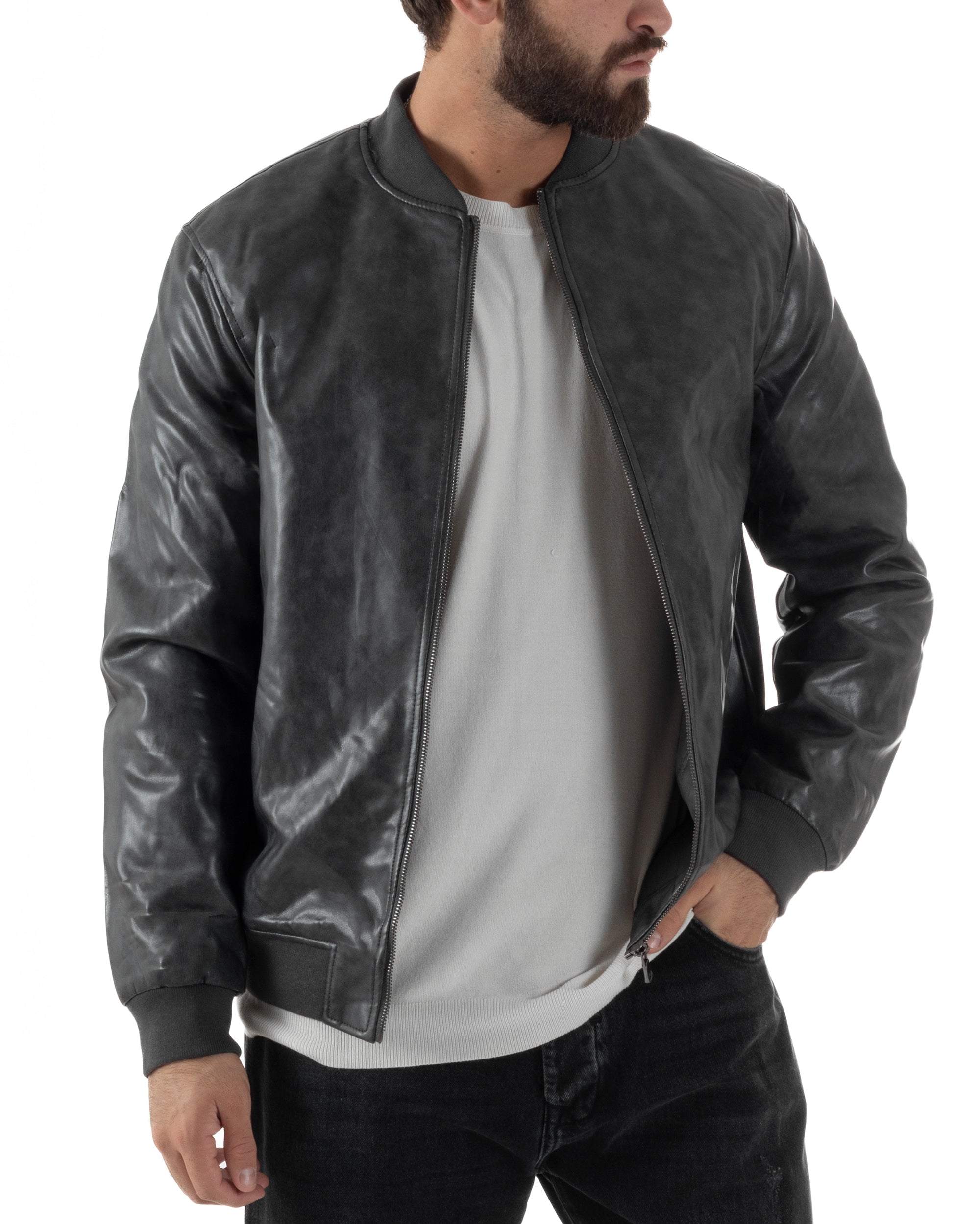 Giubbotto Uomo College Ecopelle Vintage Biker Basic Imbottito Grigio G3365A