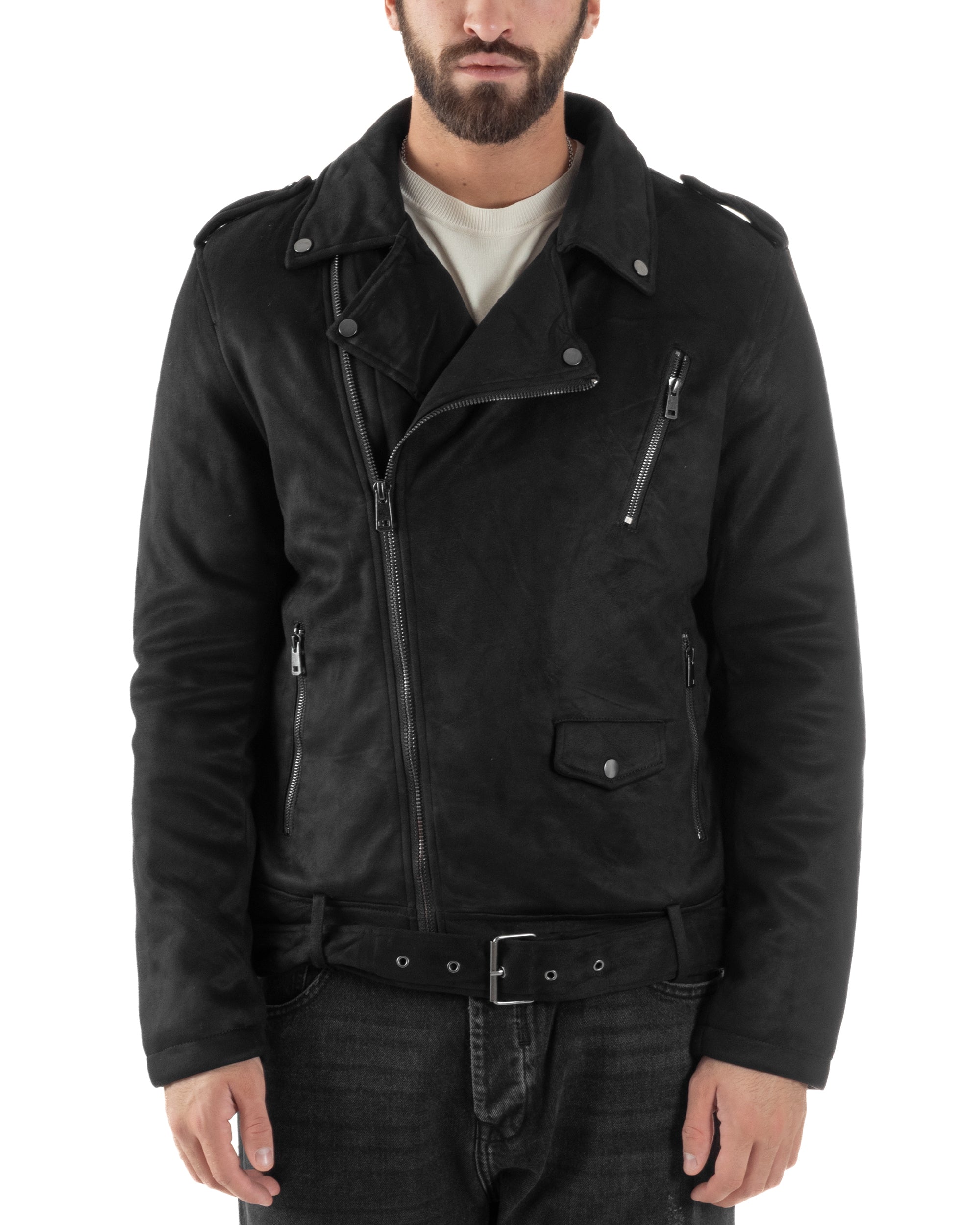 Giubbotto Uomo Chiodo Camoscio Zip Biker Imbottito Nero G3366A