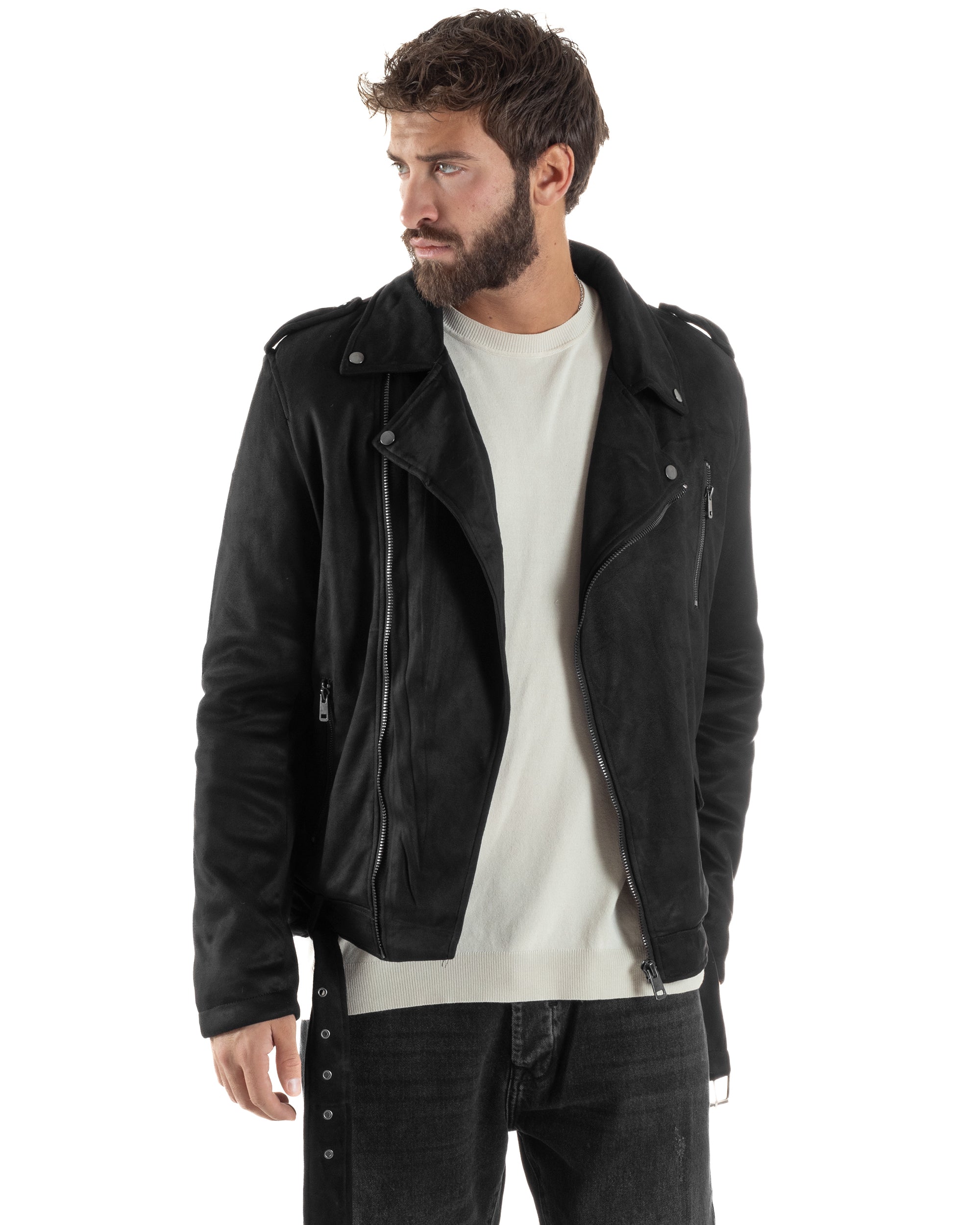 Giubbotto Uomo Chiodo Camoscio Zip Biker Imbottito Nero G3366A