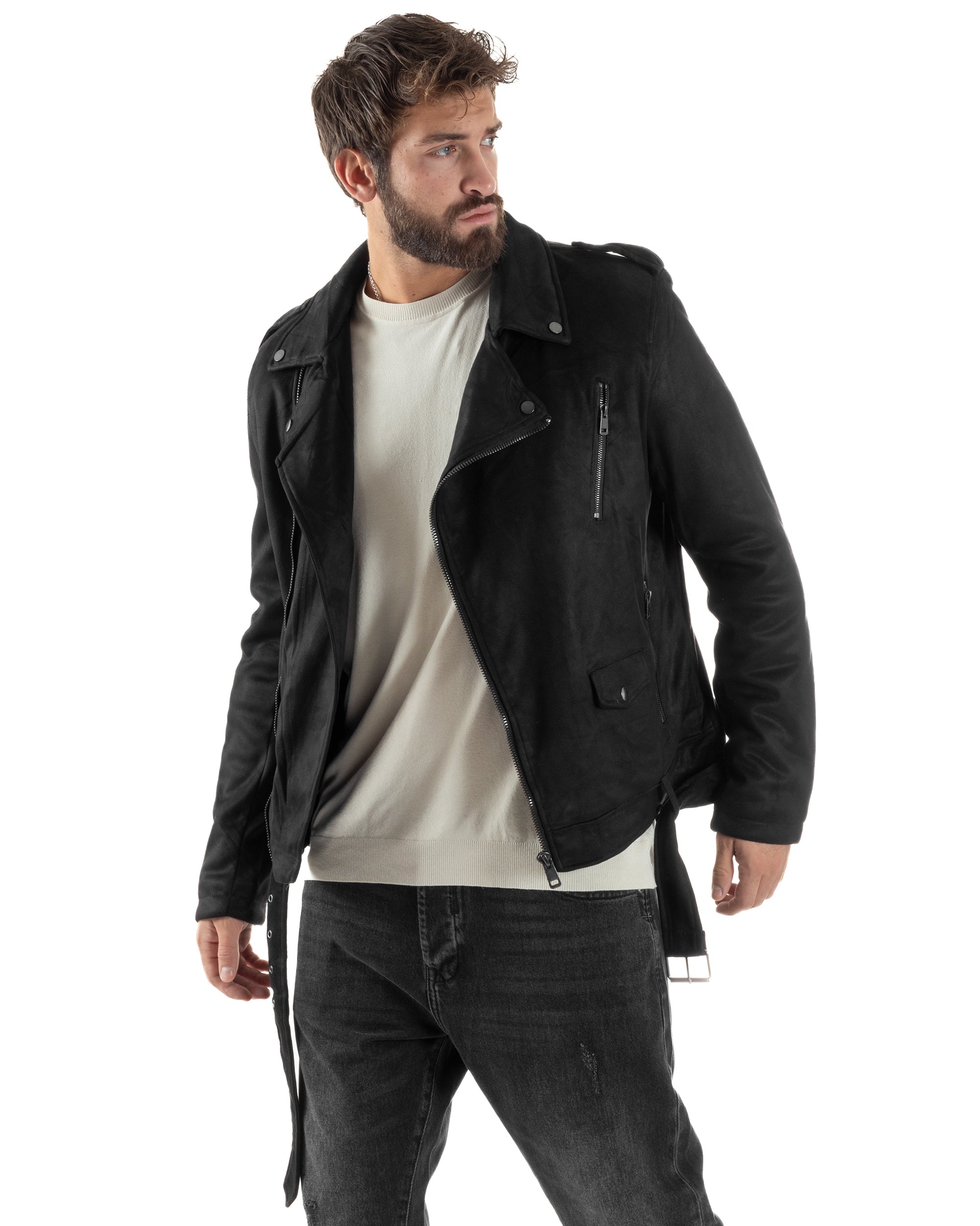 Giubbotto Uomo Chiodo Camoscio Zip Biker Imbottito Nero G3366A