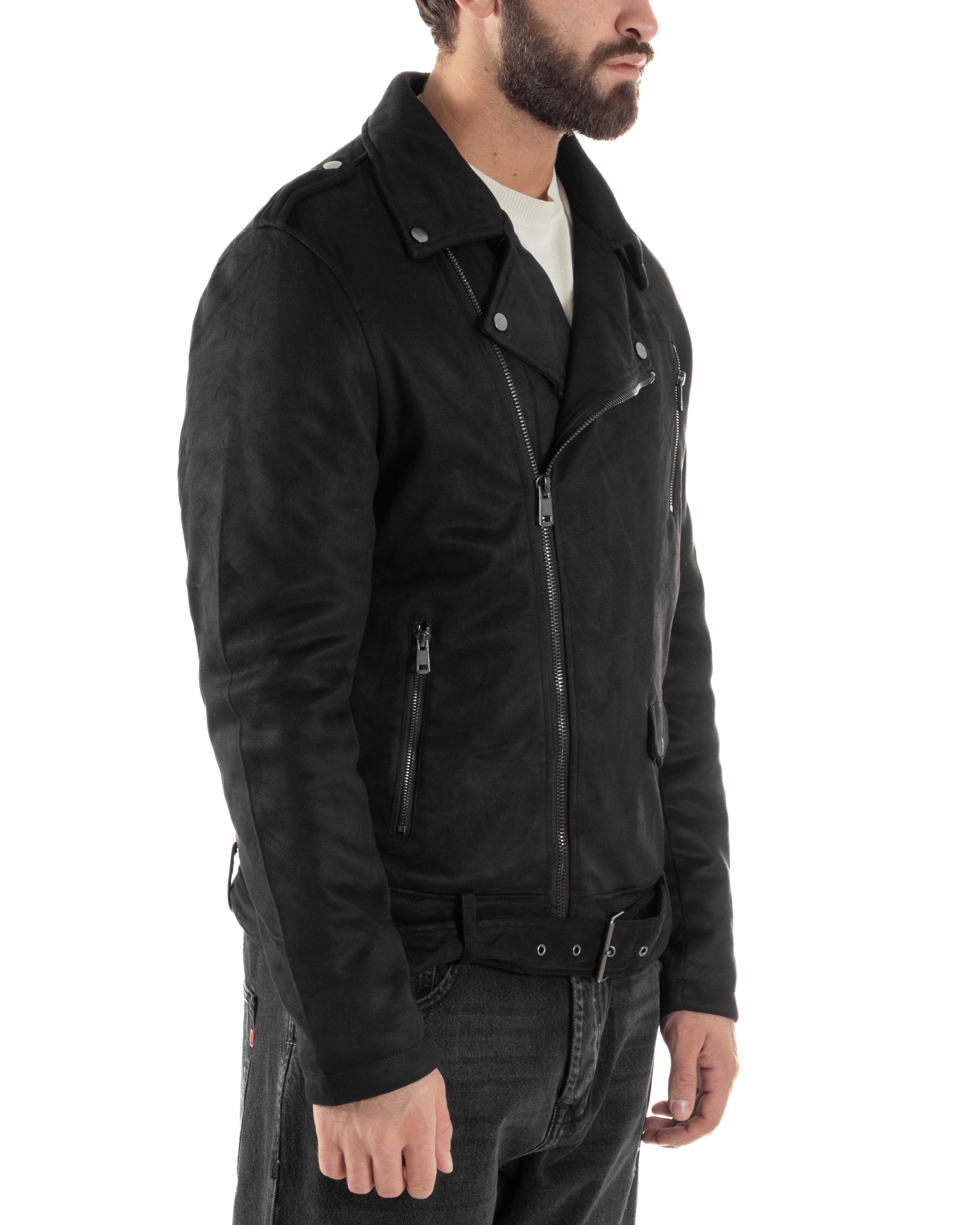 Giubbotto Uomo Chiodo Camoscio Zip Biker Imbottito Nero G3366A