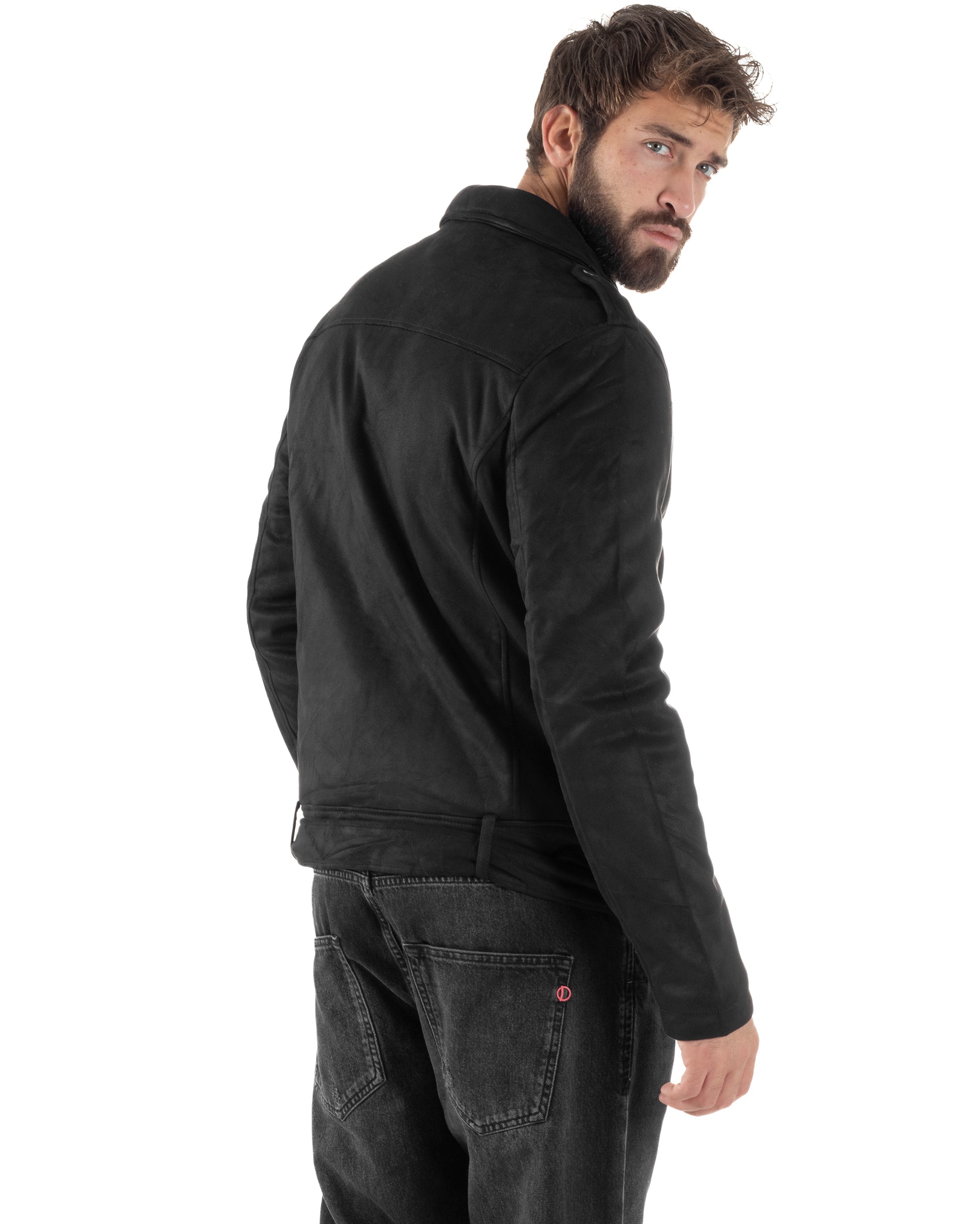 Giubbotto Uomo Chiodo Camoscio Zip Biker Imbottito Nero G3366A