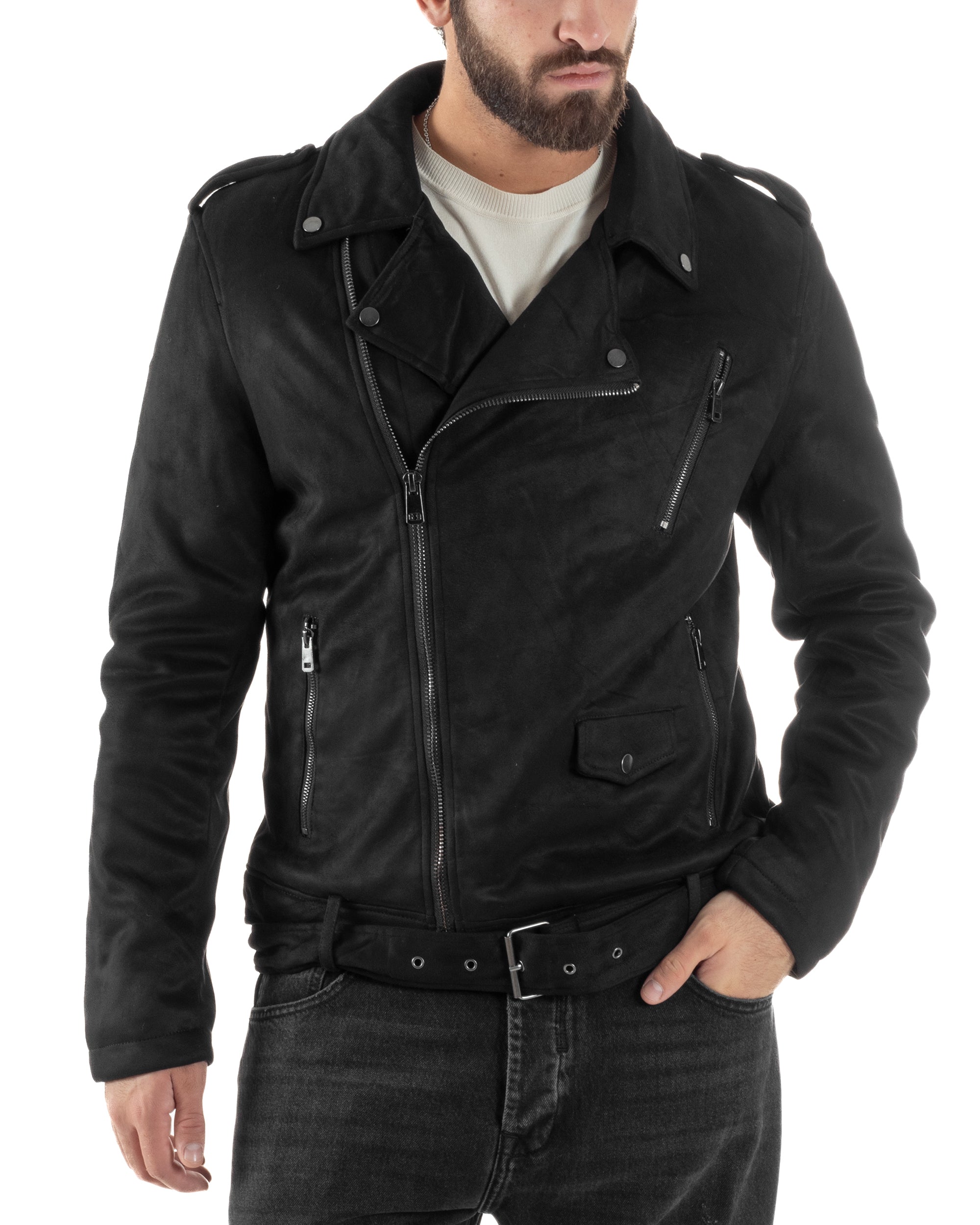 Giubbotto Uomo Chiodo Camoscio Zip Biker Imbottito Nero G3366A