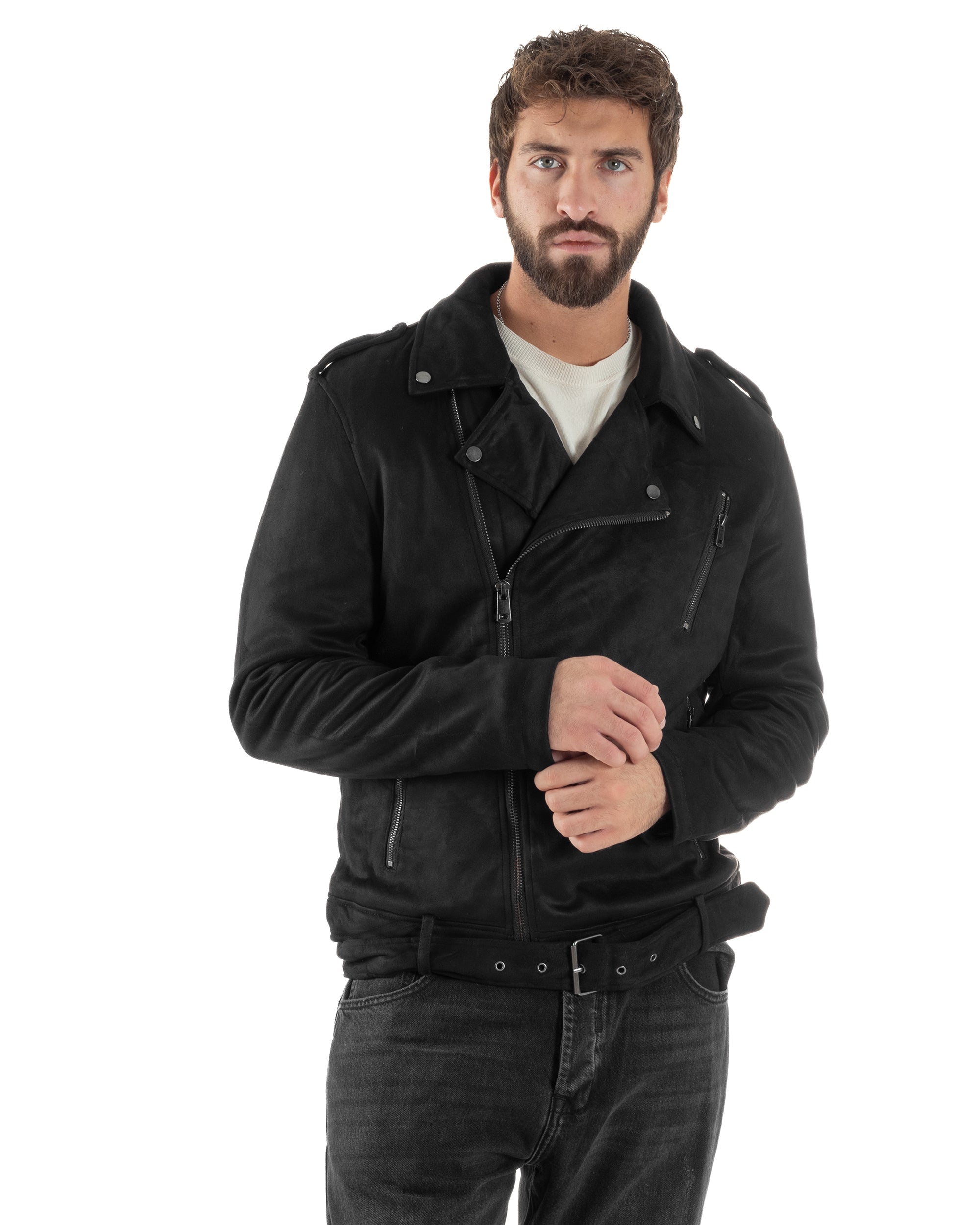 Giubbotto Uomo Chiodo Camoscio Zip Biker Imbottito Nero G3366A