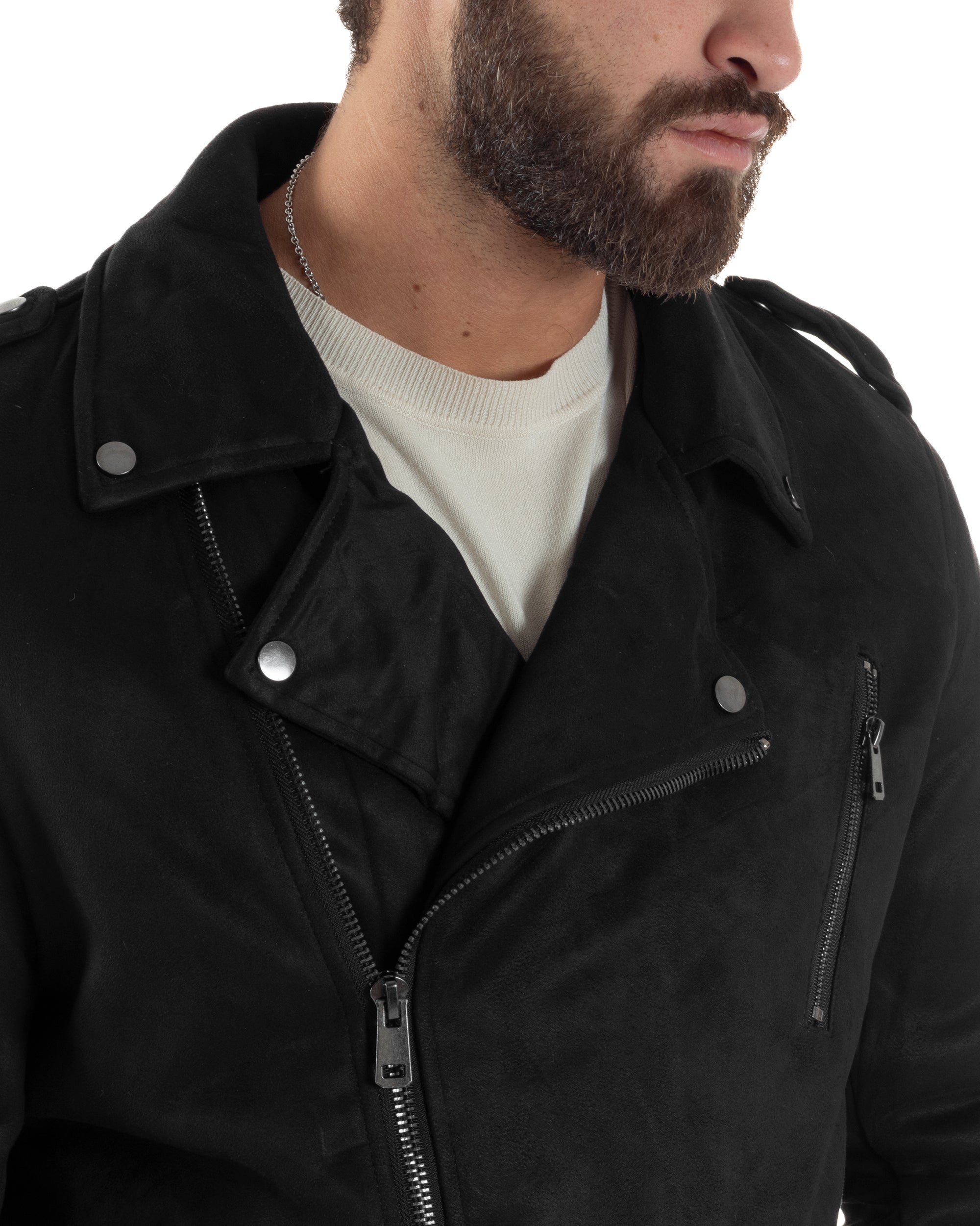 Giubbotto Uomo Chiodo Camoscio Zip Biker Imbottito Nero G3366A