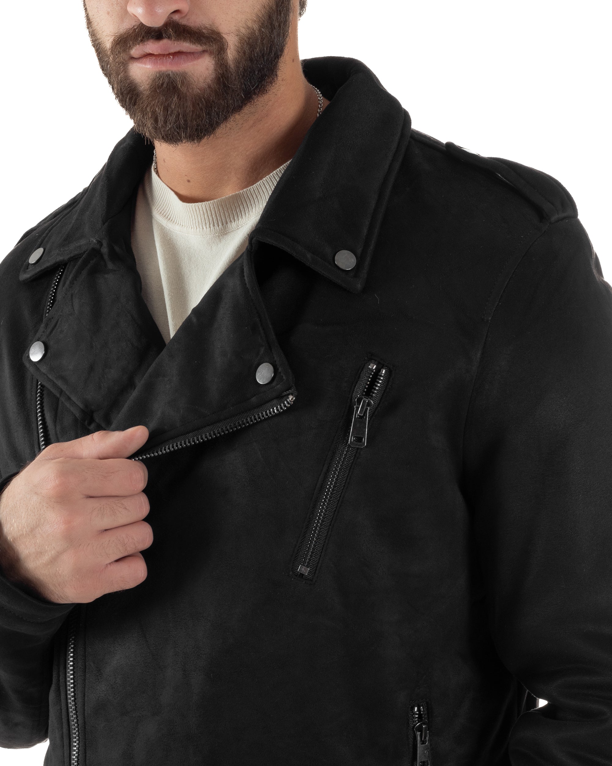 Giubbotto Uomo Chiodo Camoscio Zip Biker Imbottito Nero G3366A