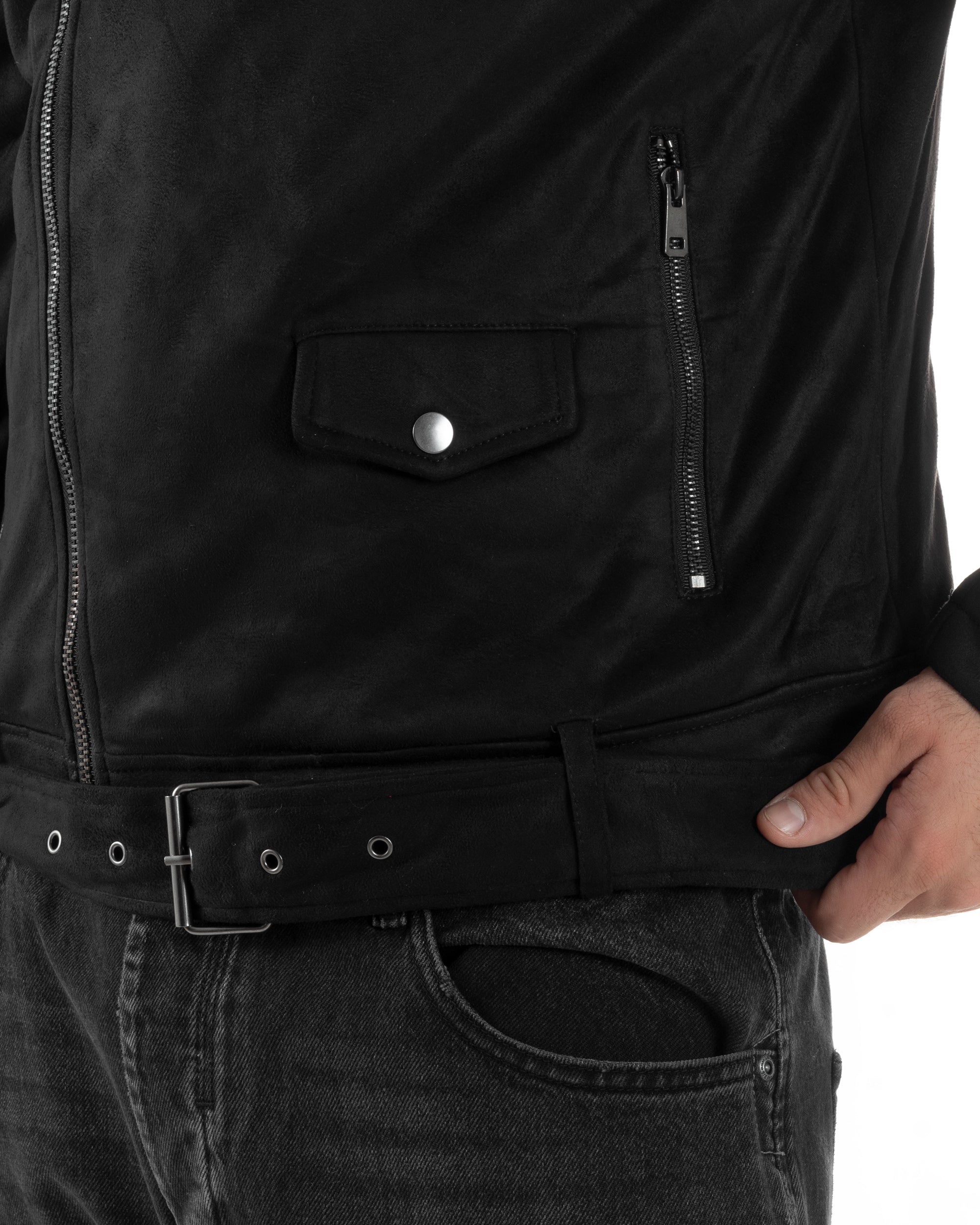 Giubbotto Uomo Chiodo Camoscio Zip Biker Imbottito Nero G3366A