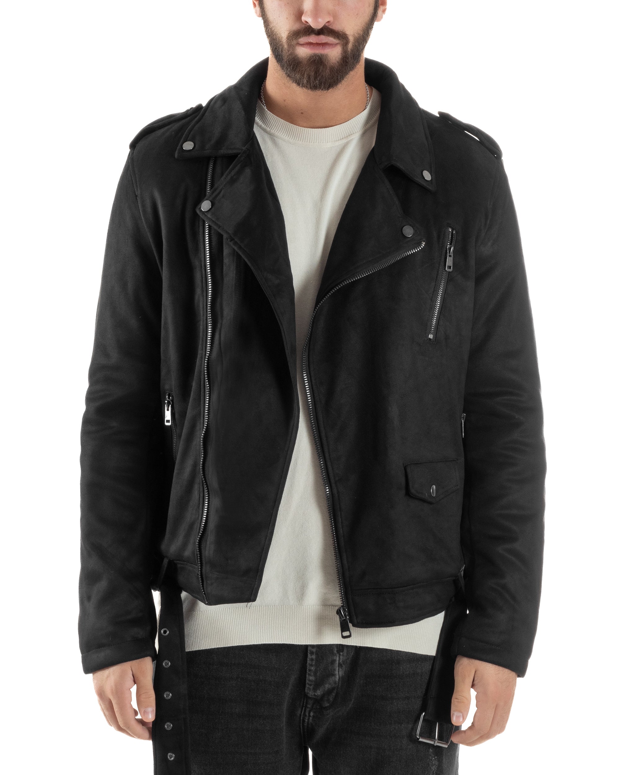 Giubbotto Uomo Chiodo Camoscio Zip Biker Imbottito Nero G3366A