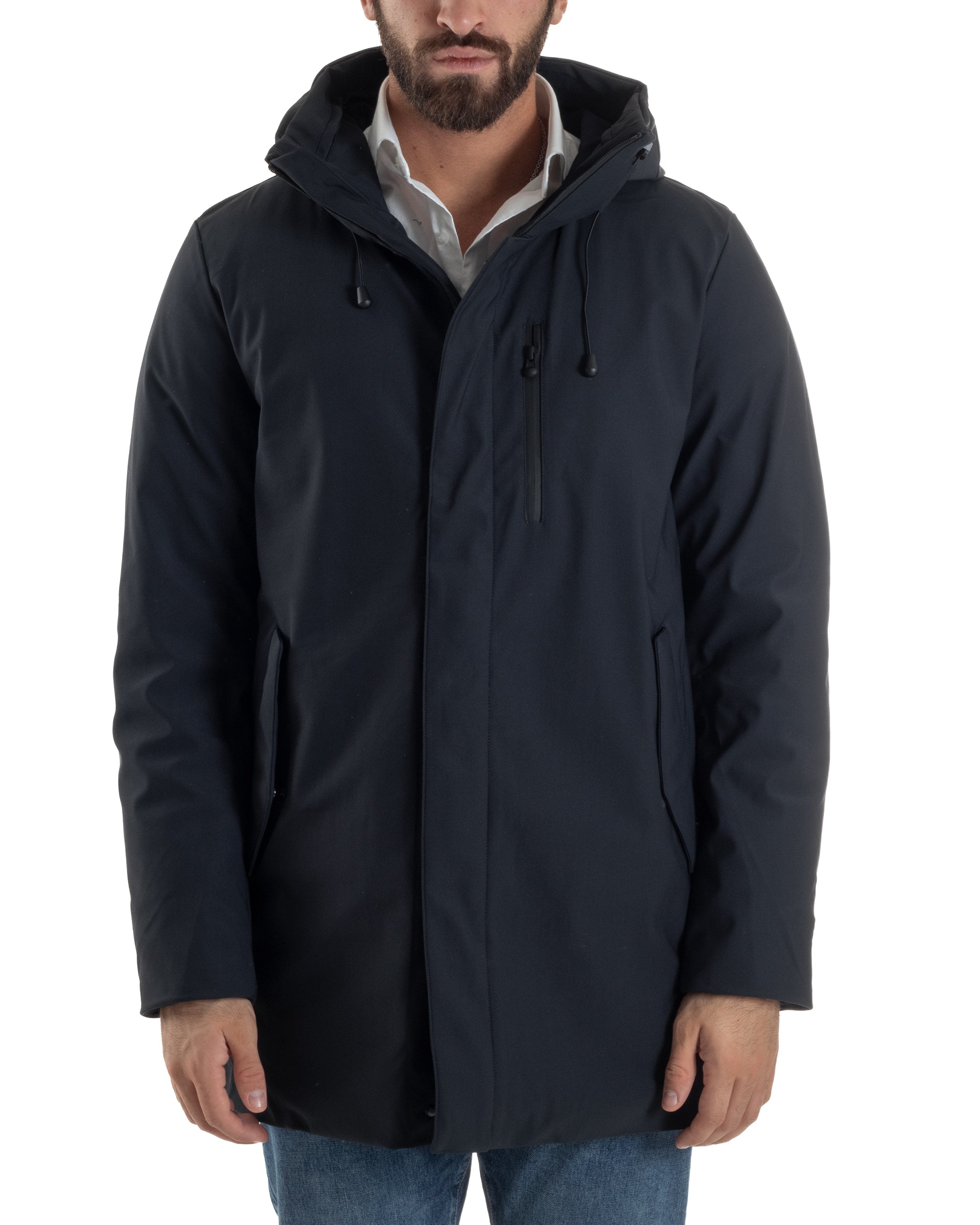 Giubbotto Uomo Con Cappuccio Trench Tessuto Tecnico Giaccone Con Zip Imbottito Lungo Blu G3367A