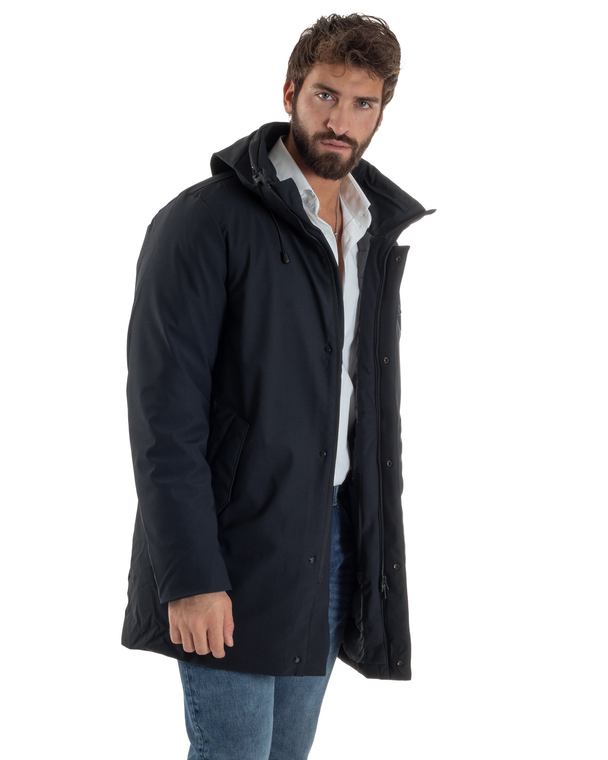Giubbotto Uomo Con Cappuccio Trench Tessuto Tecnico Giaccone Con Zip Imbottito Lungo Blu G3367A