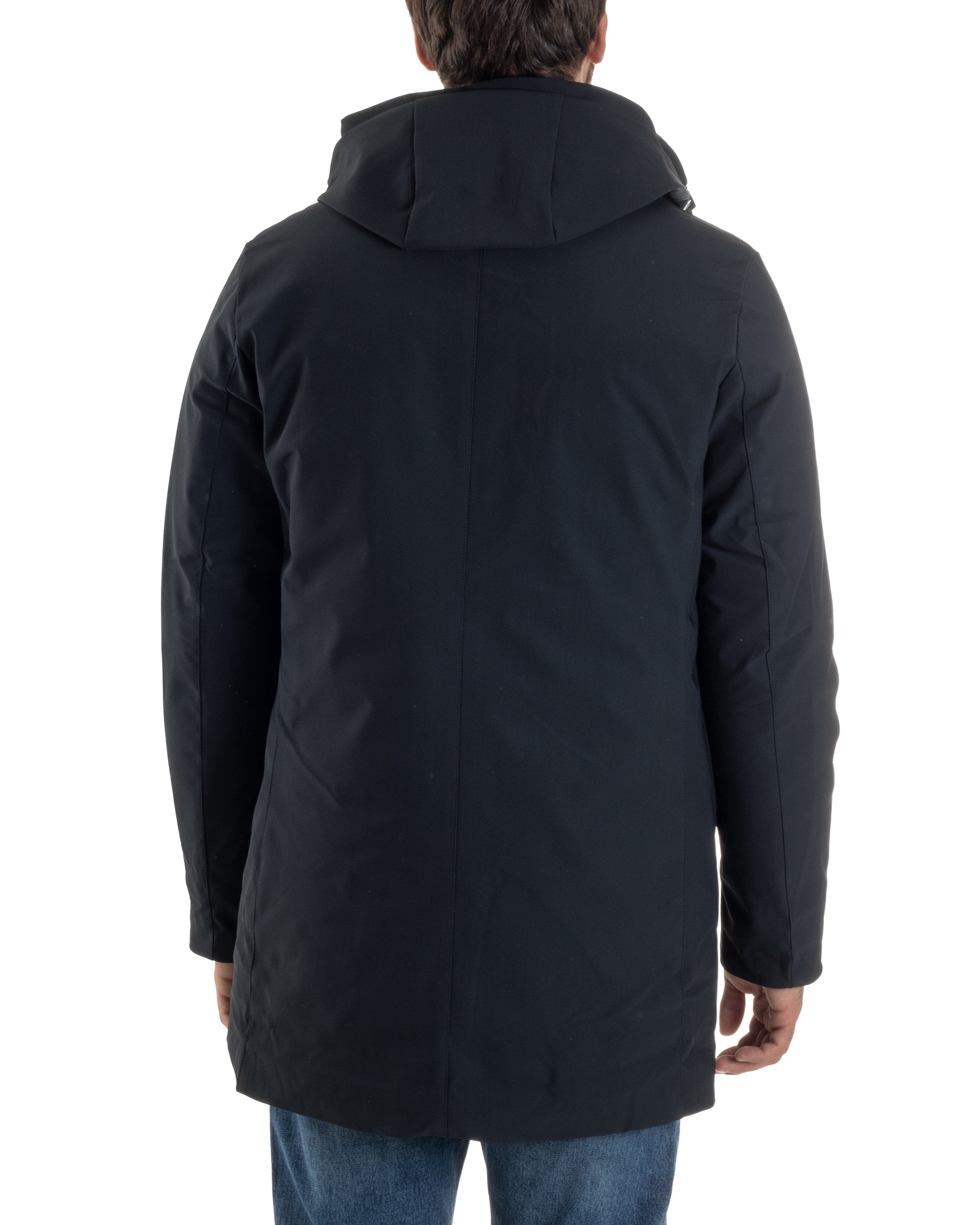 Giubbotto Uomo Con Cappuccio Trench Tessuto Tecnico Giaccone Con Zip Imbottito Lungo Blu G3367A