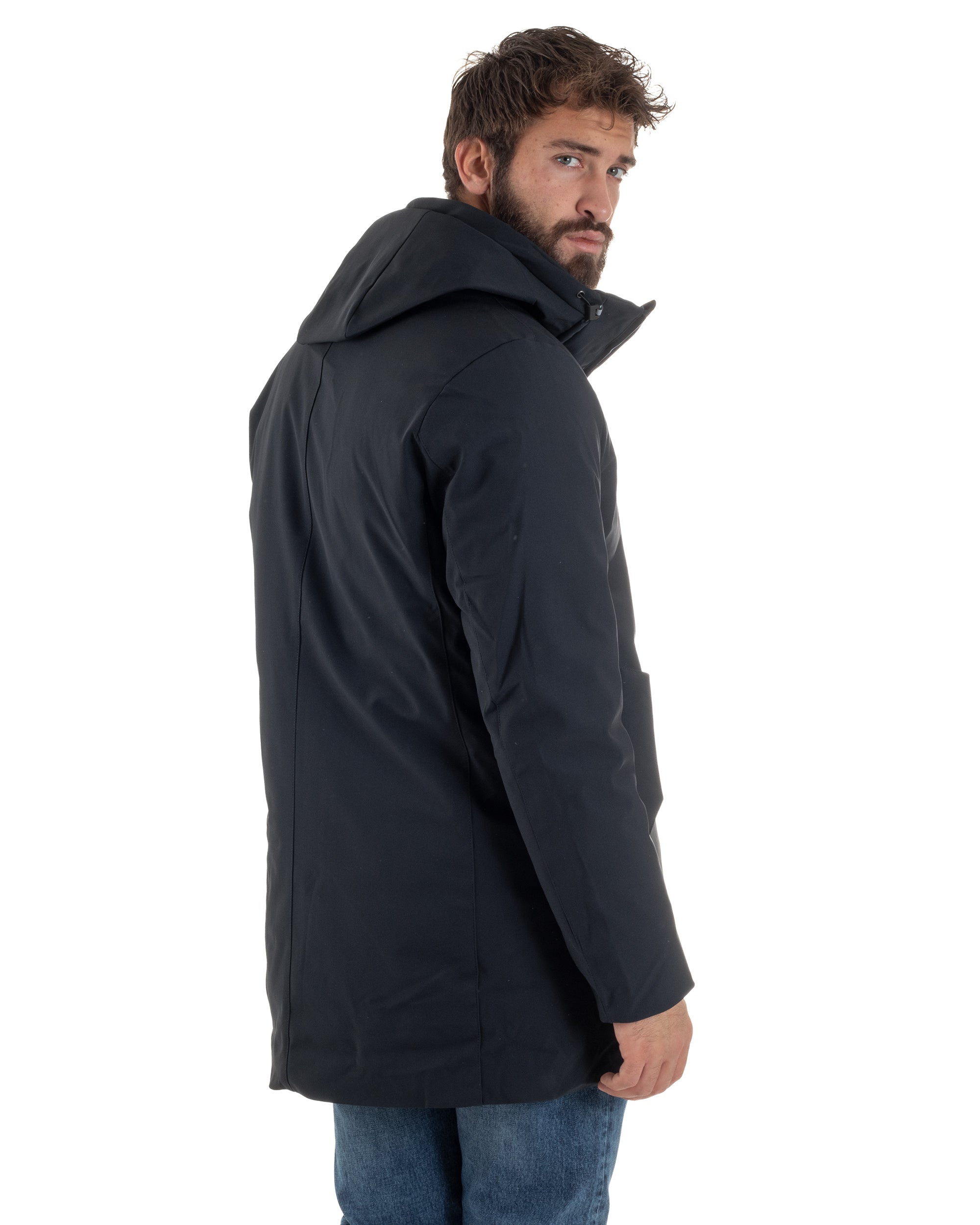 Giubbotto Uomo Con Cappuccio Trench Tessuto Tecnico Giaccone Con Zip Imbottito Lungo Blu G3367A