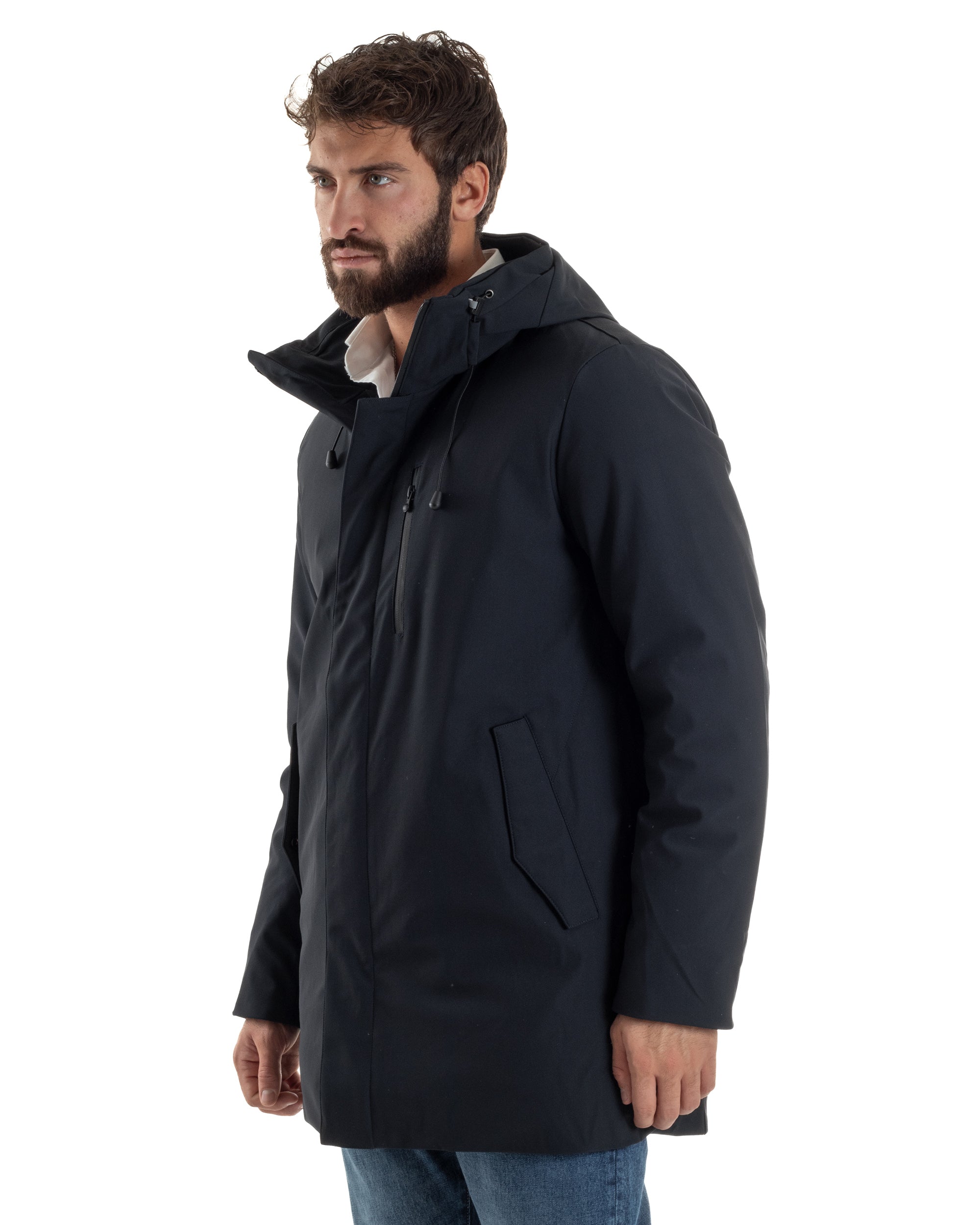 Giubbotto Uomo Con Cappuccio Trench Tessuto Tecnico Giaccone Con Zip Imbottito Lungo Blu G3367A