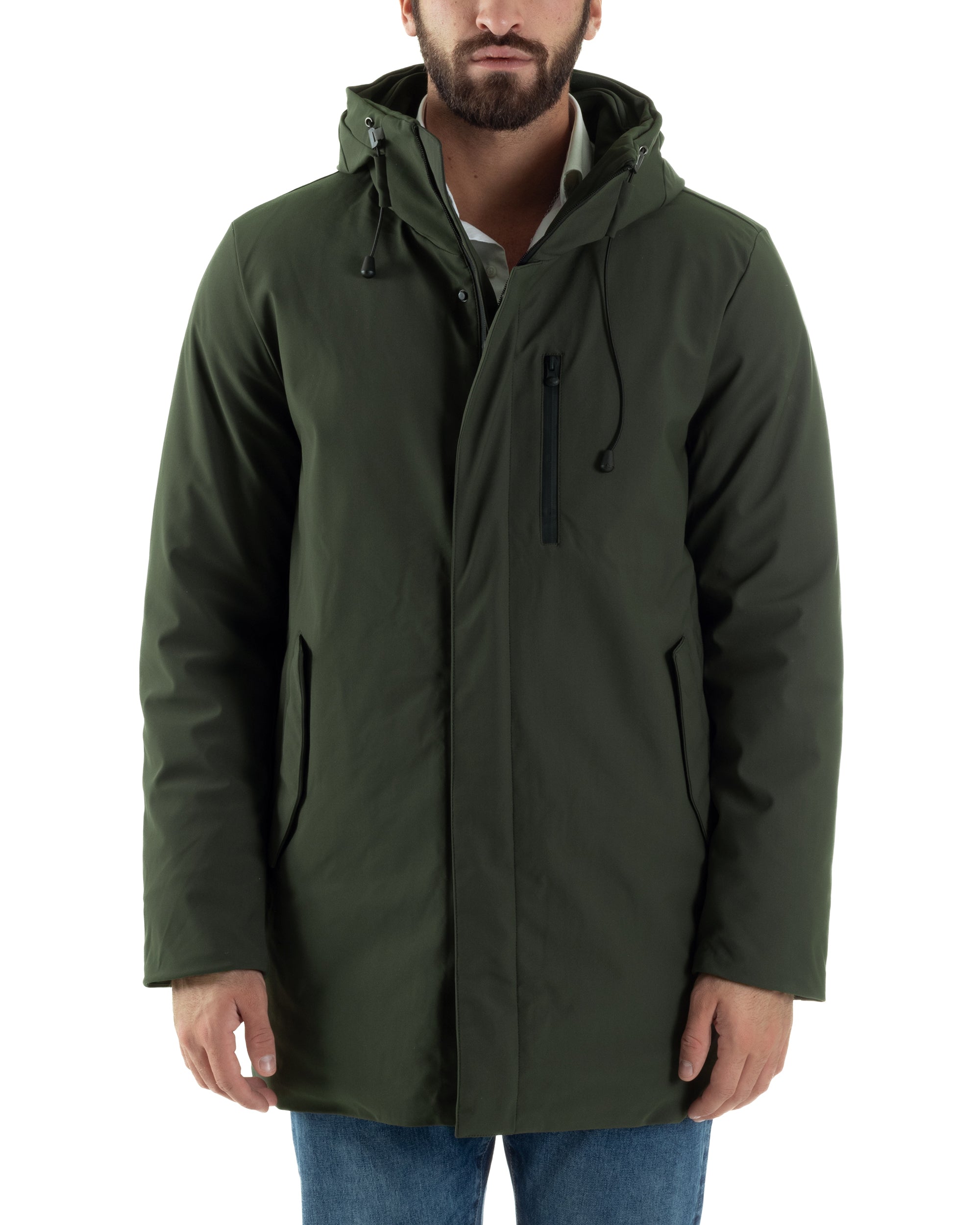 Giubbotto Uomo Con Cappuccio Trench Tessuto Tecnico Giaccone Con Zip Imbottito Lungo Verde G3368A